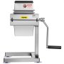 VEVOR manual steak tenderizer with crank handle and warning labels.