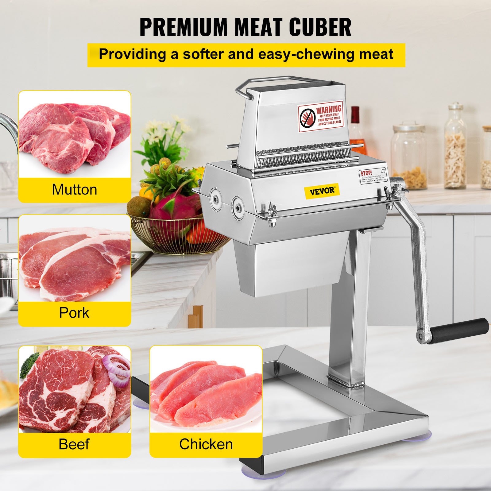 VEVOR manual steak tenderizer in a kitchen with chicken, beef, pork, and mutton options
