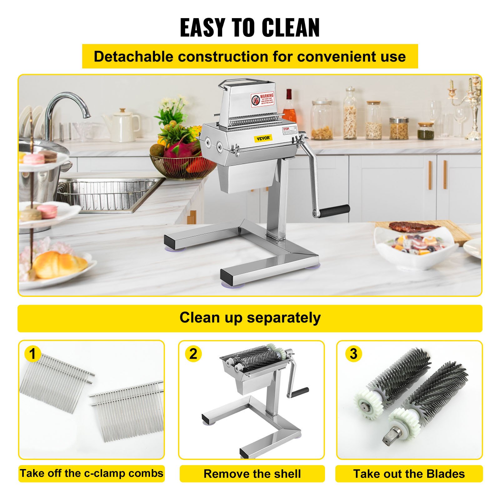 VEVOR manual steak tenderizer with detachable parts for easy cleaning in a kitchen setup.