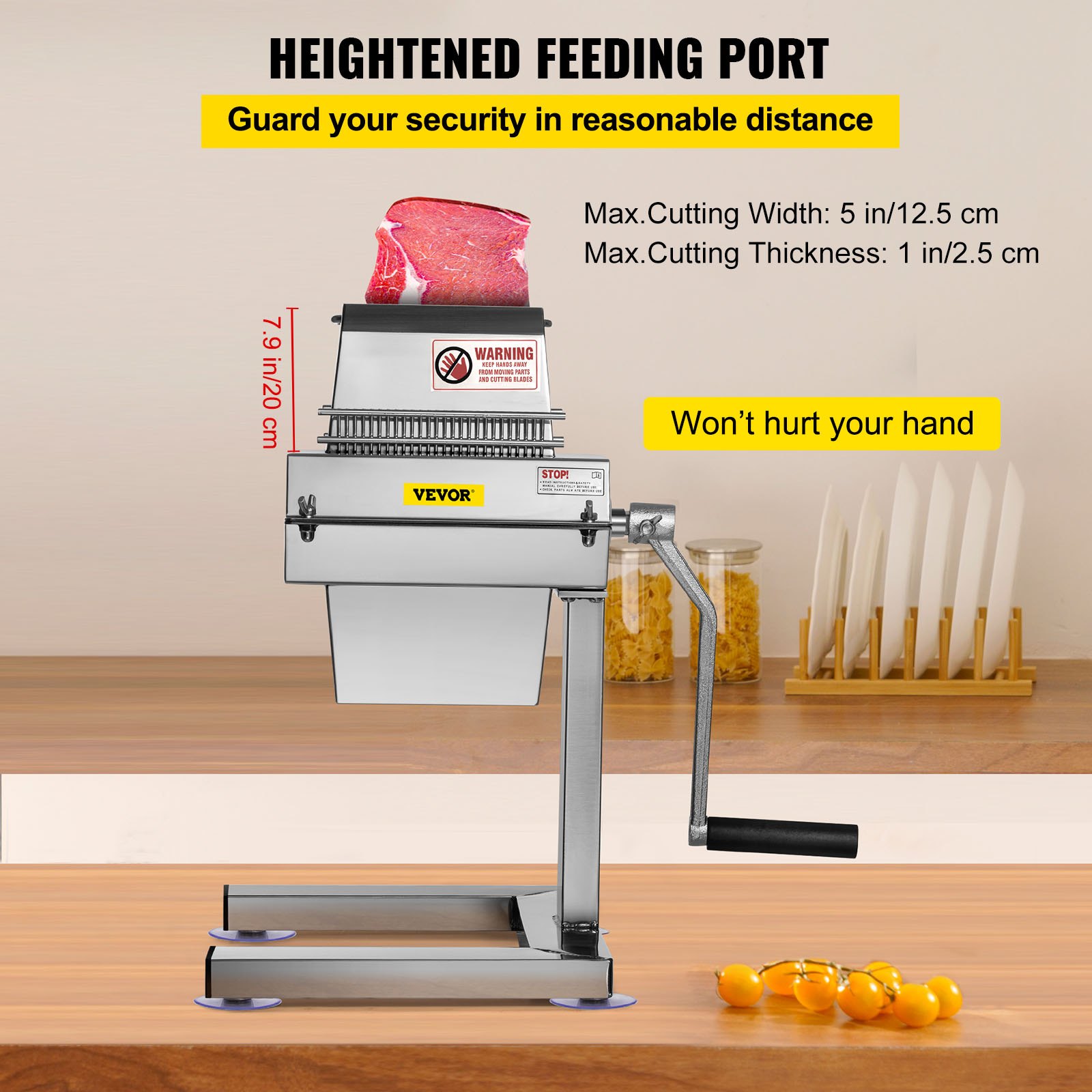 VEVOR manual steak tenderizer with safety feeder, on a kitchen counter.