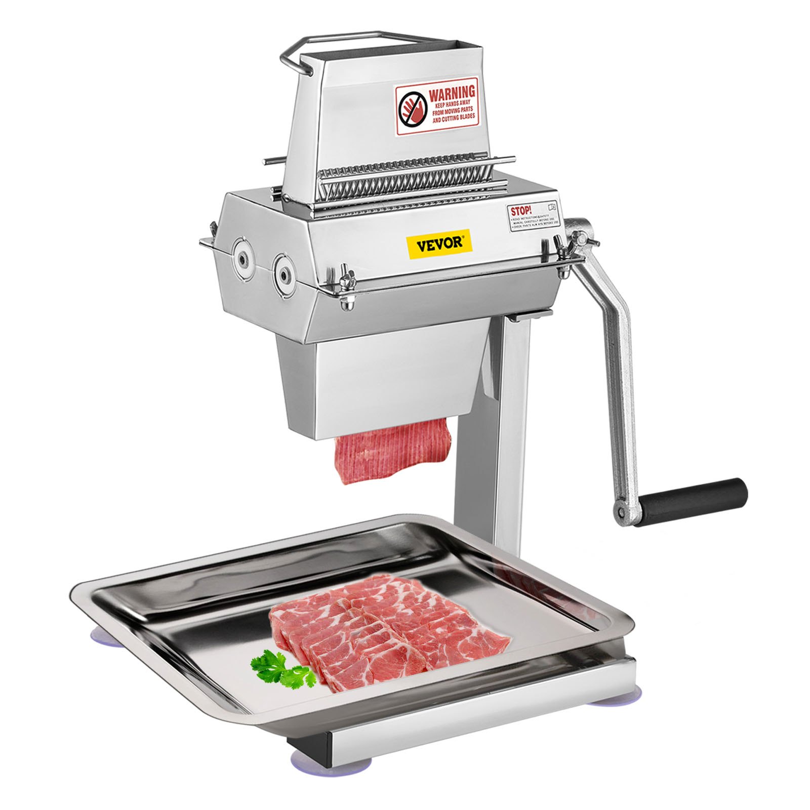 VEVOR manual steak tenderizer with raw meat on a metal tray.