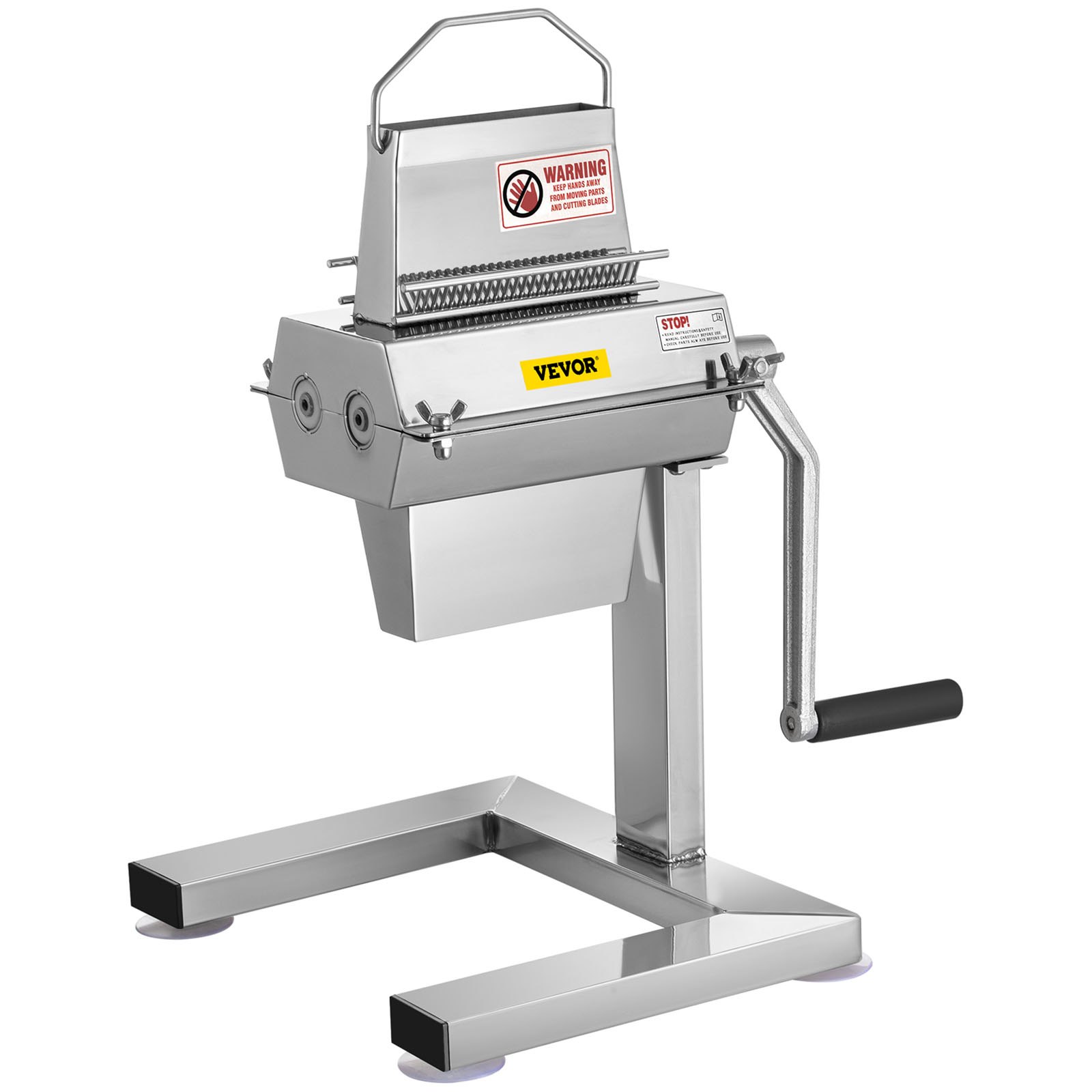 VEVOR manual steak tenderizer with crank handle and stainless steel body on a sturdy base