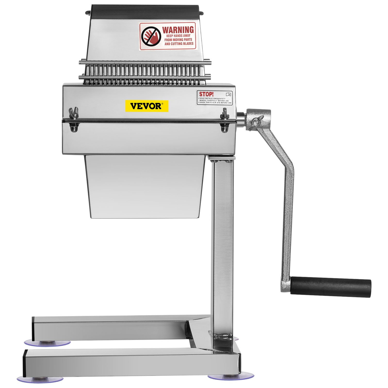VEVOR manual steak tenderizer with crank handle and warning labels.