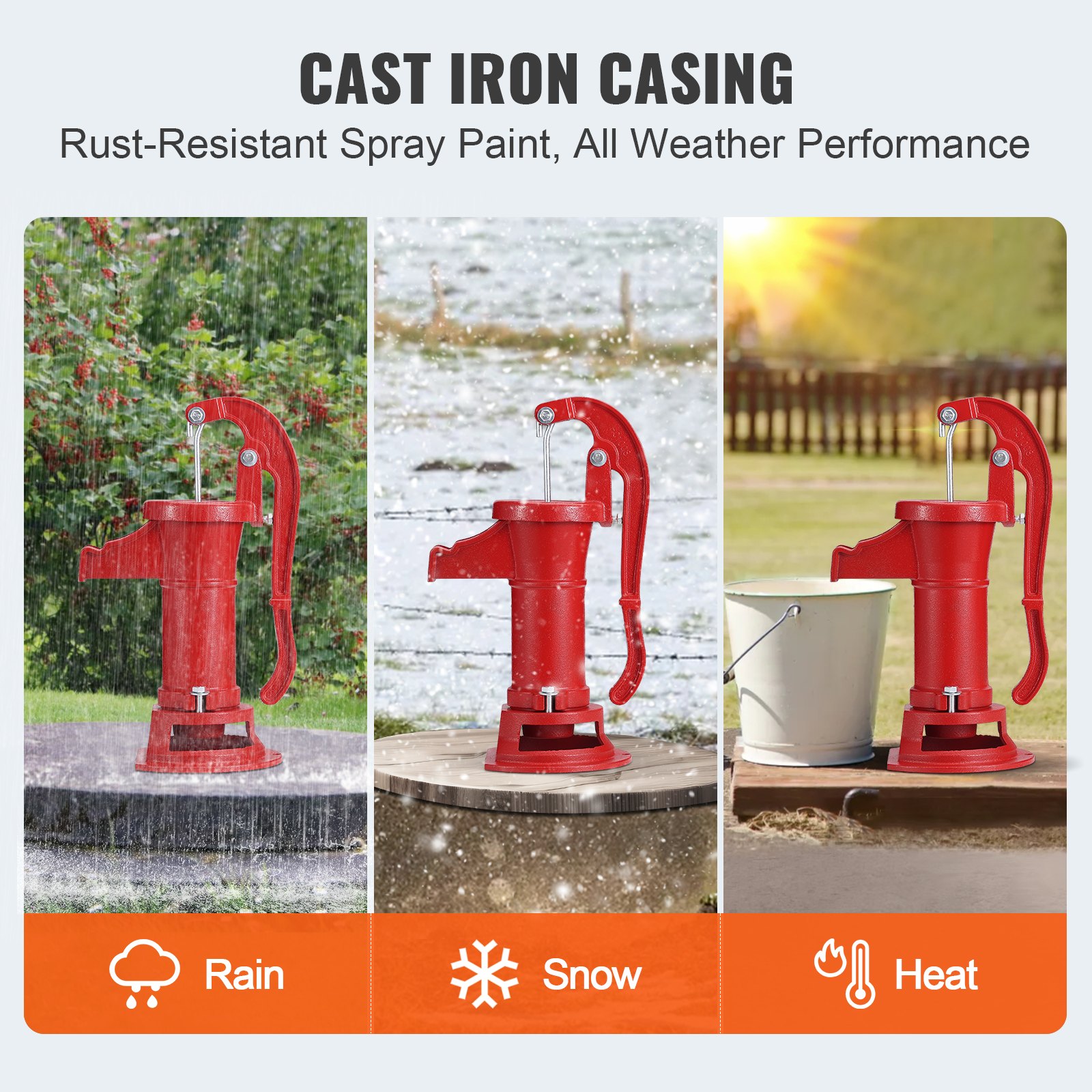 VEVOR Antique Well Hand Pitcher Pump, 7.6 m Maximum Lift, Cast Iron Manual Hand Water Pump with Ergonomic Handle G1-5/8" Easy Installation, Old Fashioned for Outdoor Home Yard Garden Pond Farm, Red