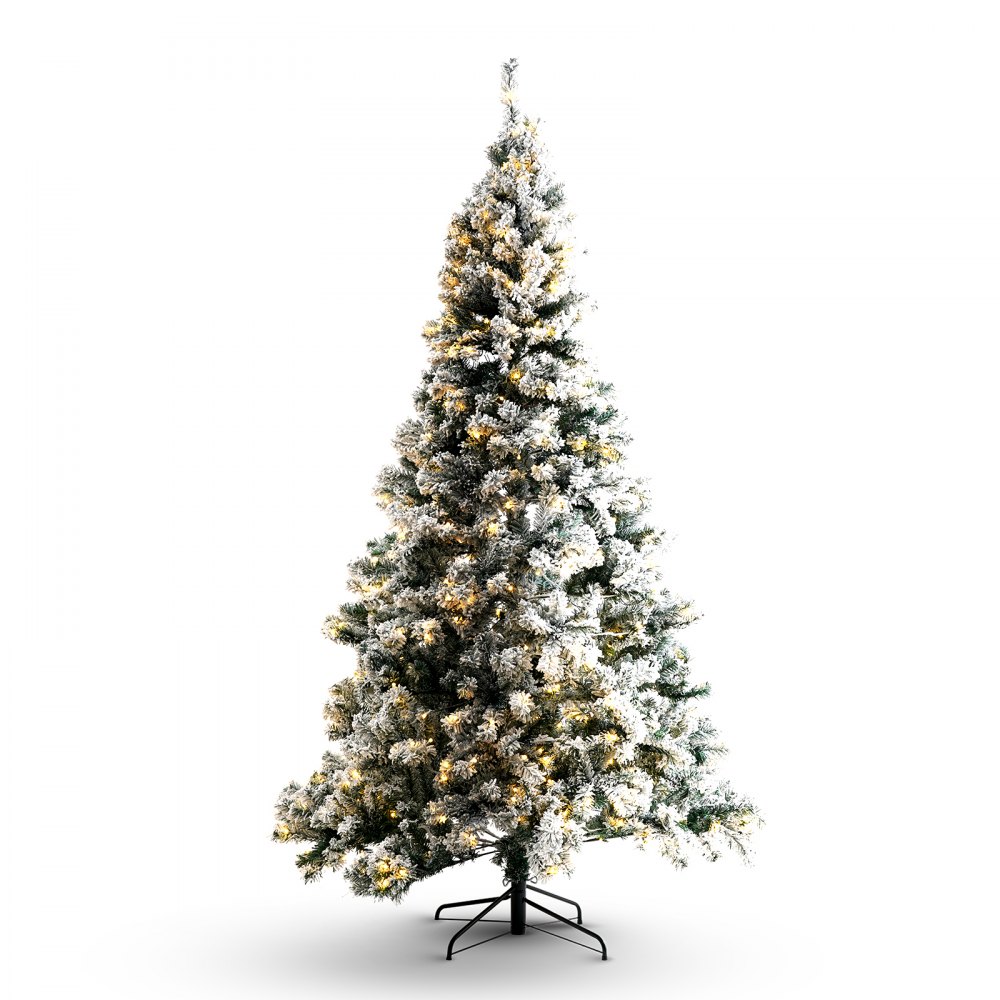 VEVOR Christmas Tree, 7.5ft Prelit Flocked Artificial Tree, Full Holiday Xmas Tree with 550 White LED Lights, 1346 Branch Tips, Metal Base for Home Party Office Decoration