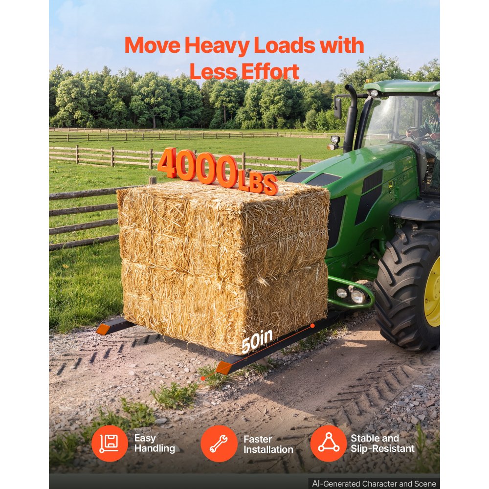 VEVOR 3 Point Hitch Pallet Forks 4000 lbs 50 in Tractor Fork Attachment, Great for Category 1 Tractors, 29-46 in Adjustable Width, Heavy-Duty Reinforced Steel Body, Quick-Attach System, Orange Tips