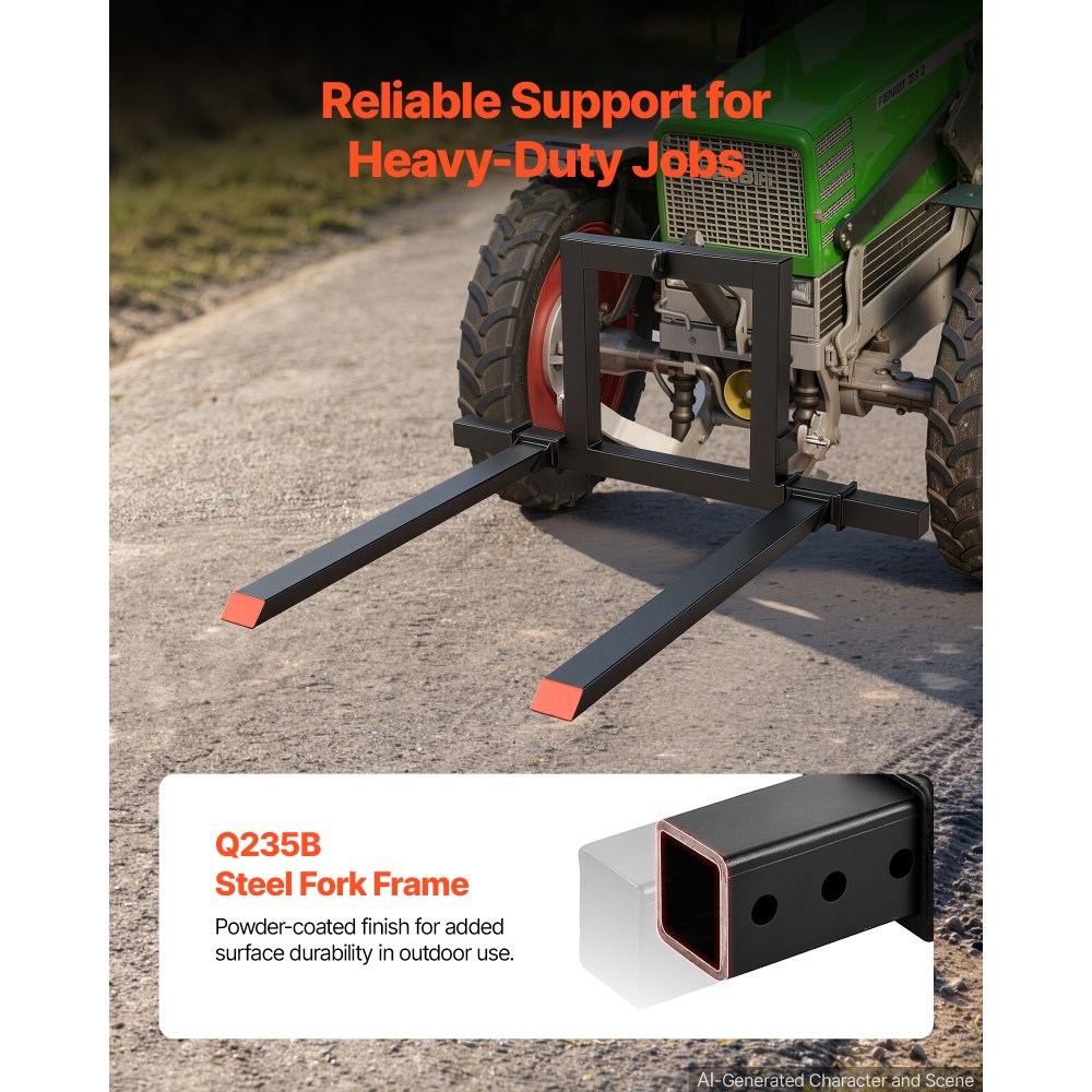 VEVOR 3 Point Hitch Pallet Forks 4000 lbs 50 in Tractor Fork Attachment, Great for Category 1 Tractors, 29-46 in Adjustable Width, Heavy-Duty Reinforced Steel Body, Quick-Attach System, Orange Tips