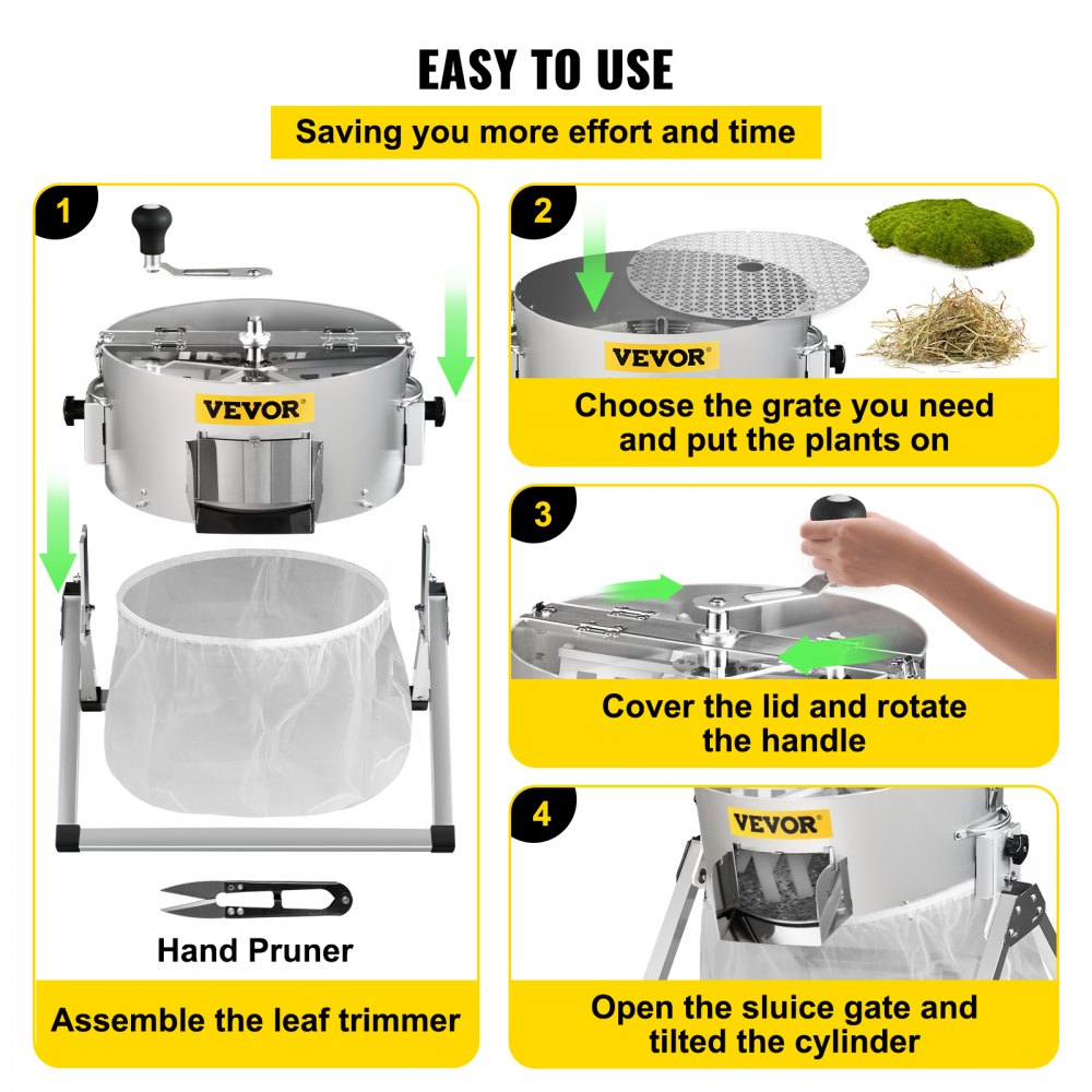 VEVOR Bud Leaf Trimmer, 16 inch Manual, Hydroponic Dry or Wet Plant Trimming Machine with Sharp Stainless Steel Blades & Solid Metal Gearbox & Hand Pruner, Twisted Spin Cut for Herbs, Leaves, Silver