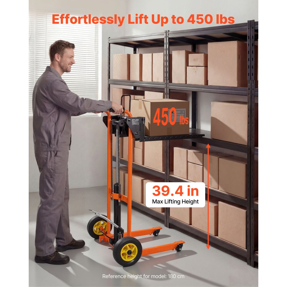 VEVOR Hydraulic Material Lift Winch Stacker, 205 kg Load Capacity, Pallet Truck Dolly with Fork Lift Table, 1000 mm Max Lifting Height, Foldable & Portable Pallet Jack Table Cart, Orange & Black