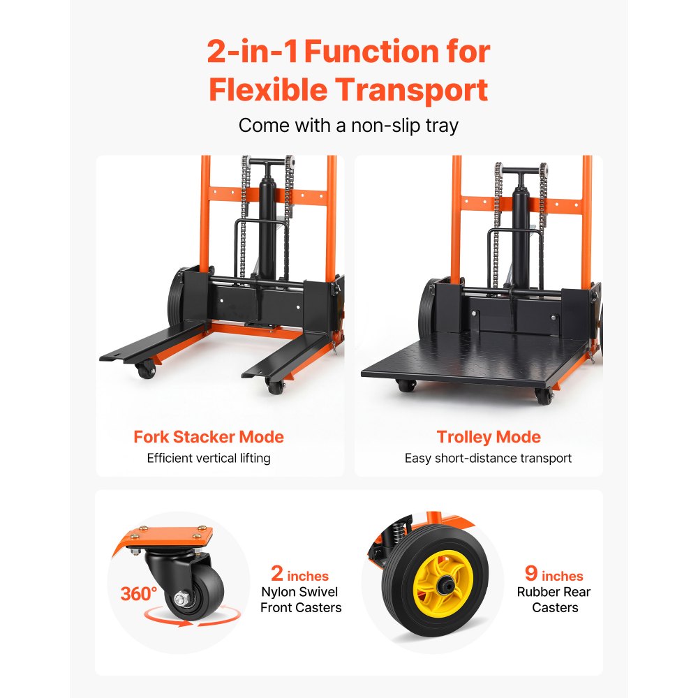 VEVOR Hydraulic Material Lift Winch Stacker, 205 kg Load Capacity, Pallet Truck Dolly with Fork Lift Table, 1000 mm Max Lifting Height, Foldable & Portable Pallet Jack Table Cart, Orange & Black