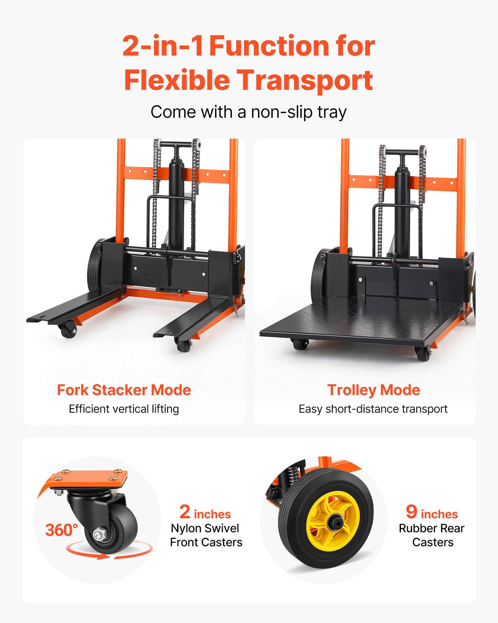 VEVOR Hydraulic Material Lift Winch Stacker, 205 kg Load Capacity, Pallet Truck Dolly with Fork Lift Table, 1000 mm Max Lifting Height, Foldable & Portable Pallet Jack Table Cart, Orange & Black