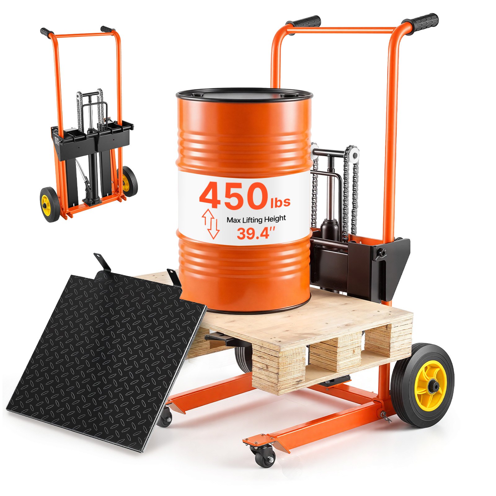 VEVOR Hydraulic Material Lift Winch Stacker, 205 kg Load Capacity, Pallet Truck Dolly with Fork Lift Table, 1000 mm Max Lifting Height, Foldable & Portable Pallet Jack Table Cart, Orange & Black