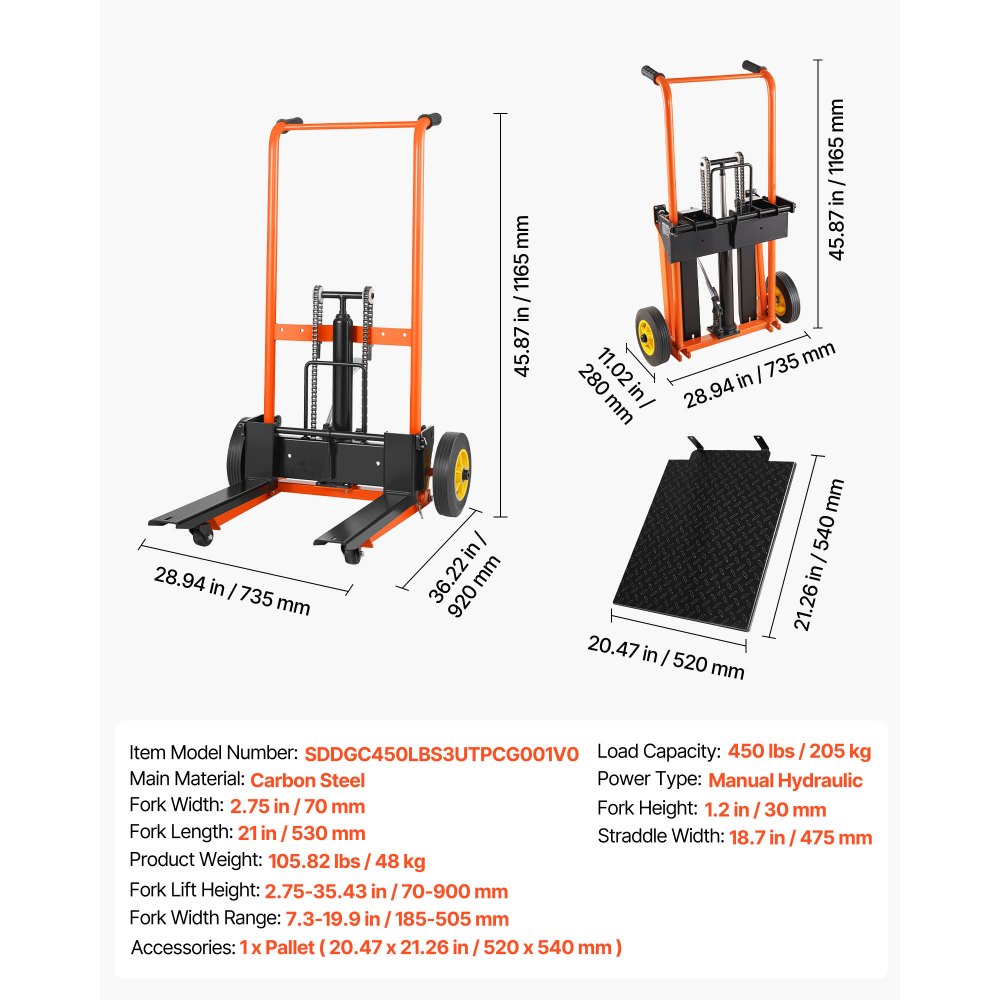 VEVOR Hydraulic Material Lift Winch Stacker, 205 kg Load Capacity, Pallet Truck Dolly with Fork Lift Table, 900 mm Max Lifting Height, Foldable & Portable Pallet Jack Table Cart, Orange & Black