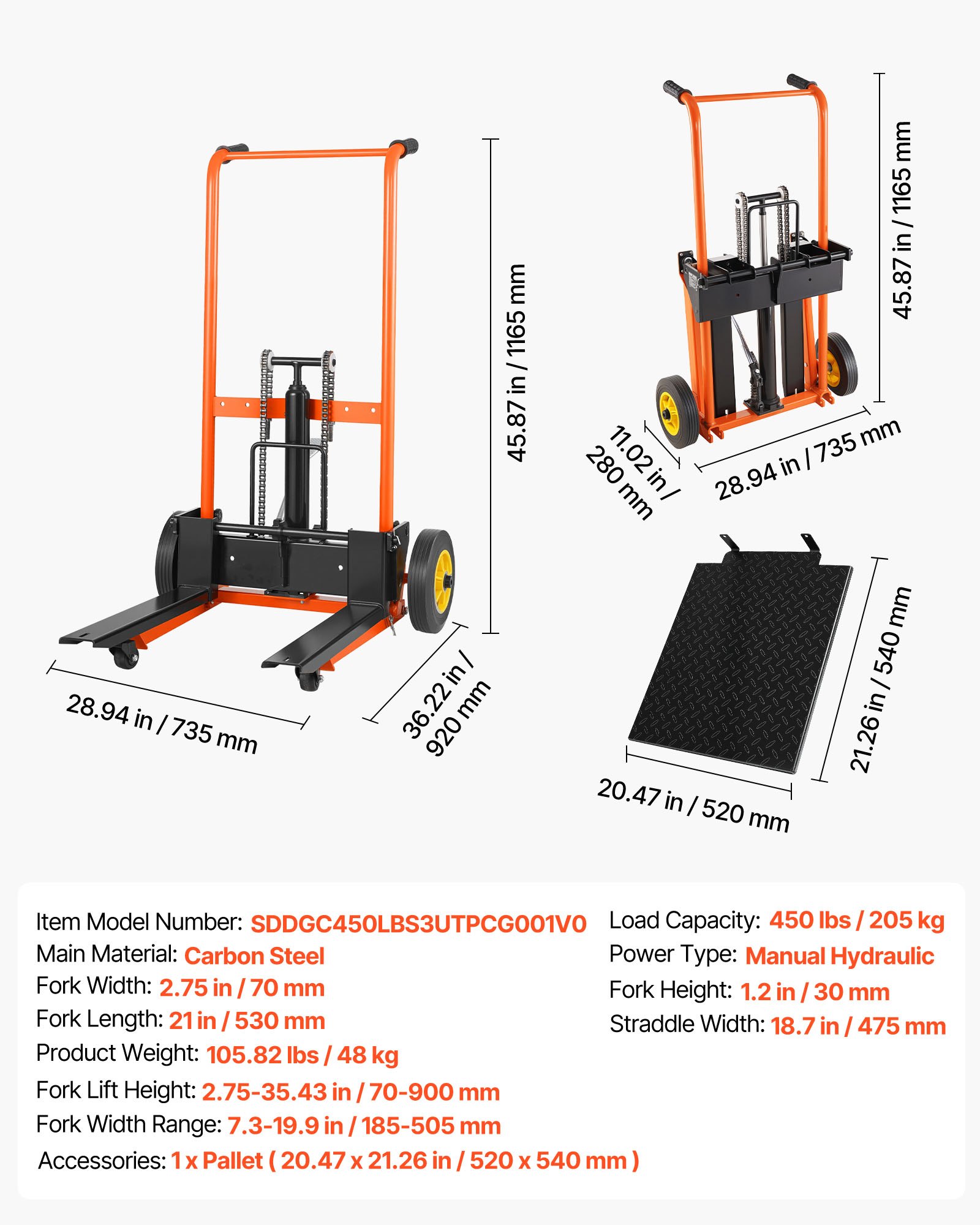 VEVOR Hydraulic Material Lift Winch Stacker, 205 kg Load Capacity, Pallet Truck Dolly with Fork Lift Table, 900 mm Max Lifting Height, Foldable & Portable Pallet Jack Table Cart, Orange & Black