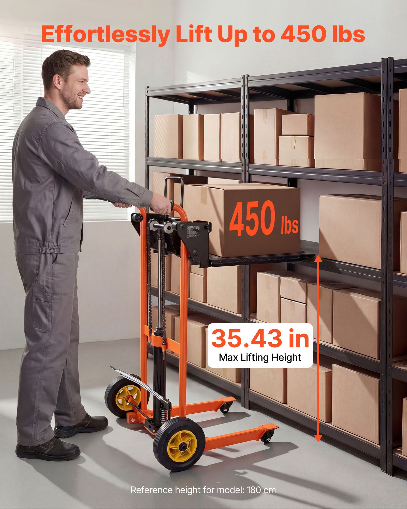 VEVOR Hydraulic Material Lift Winch Stacker, 205 kg Load Capacity, Pallet Truck Dolly with Fork Lift Table, 900 mm Max Lifting Height, Foldable & Portable Pallet Jack Table Cart, Orange & Black
