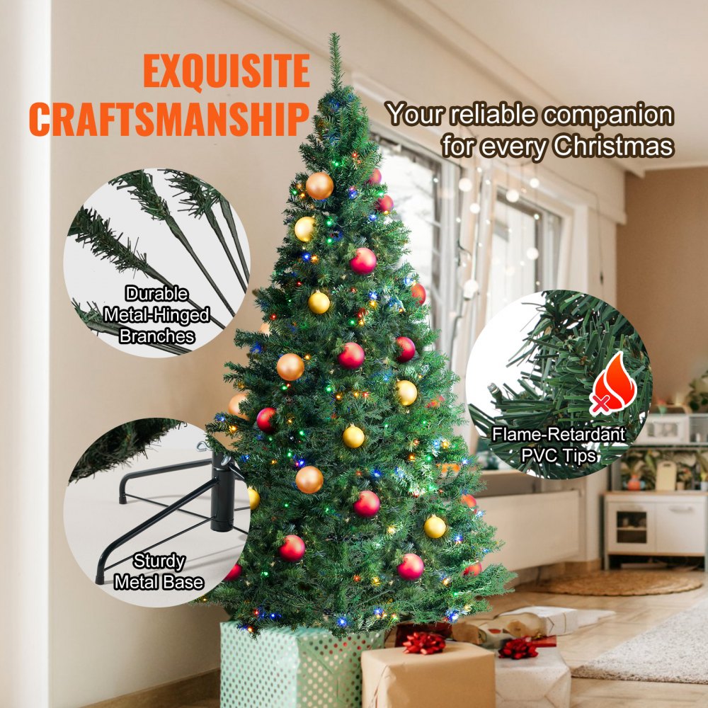 VEVOR Christmas Tree, 6.5ft Prelit Artificial Xmas Tree, Full Holiday Decor Tree with 450 Multi-Color LED Lights, 1227 Branch Tips, Metal Base for Home Party Office Decoration Tested to UL Standards