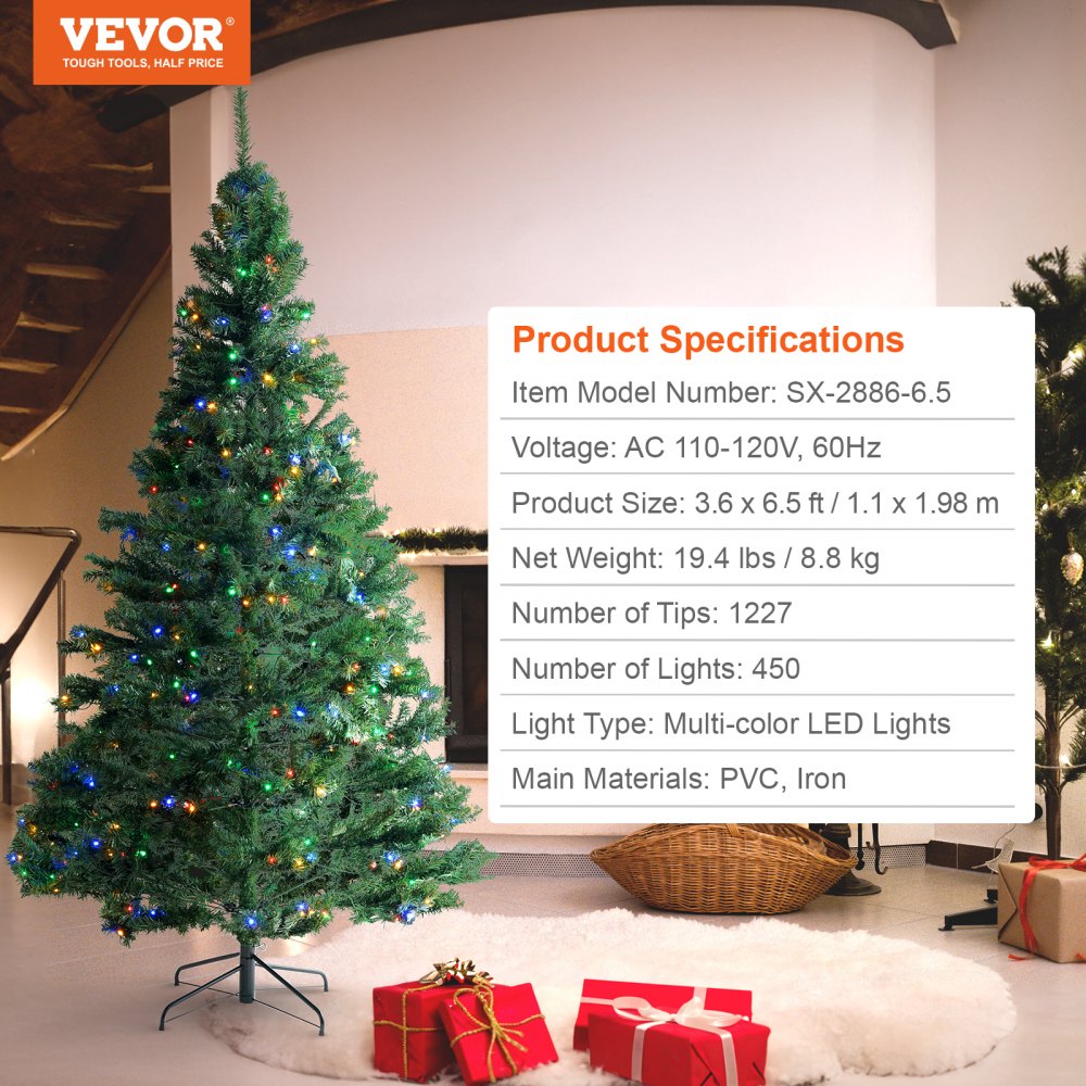 VEVOR Christmas Tree, 6.5ft Prelit Artificial Xmas Tree, Full Holiday Decor Tree with 450 Multi-Color LED Lights, 1227 Branch Tips, Metal Base for Home Party Office Decoration Tested to UL Standards