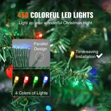 VEVOR Christmas Tree, 6.5ft Prelit Artificial Xmas Tree, Full Holiday Decor Tree with 450 Multi-Color LED Lights, 1227 Branch Tips, Metal Base for Home Party Office Decoration