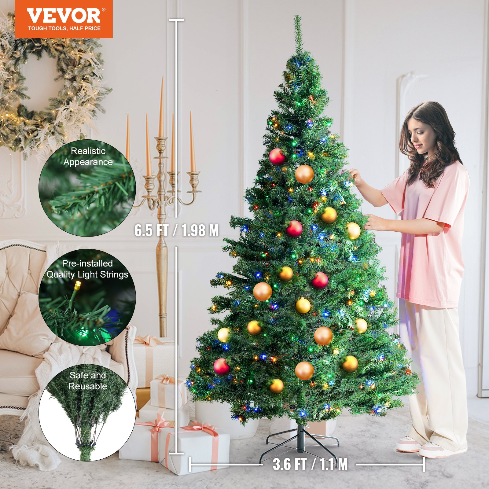 VEVOR Christmas Tree, 6.5ft Prelit Artificial Xmas Tree, Full Holiday Decor Tree with 450 Multi-Color LED Lights, 1227 Branch Tips, Metal Base for Home Party Office Decoration Tested to UL Standards