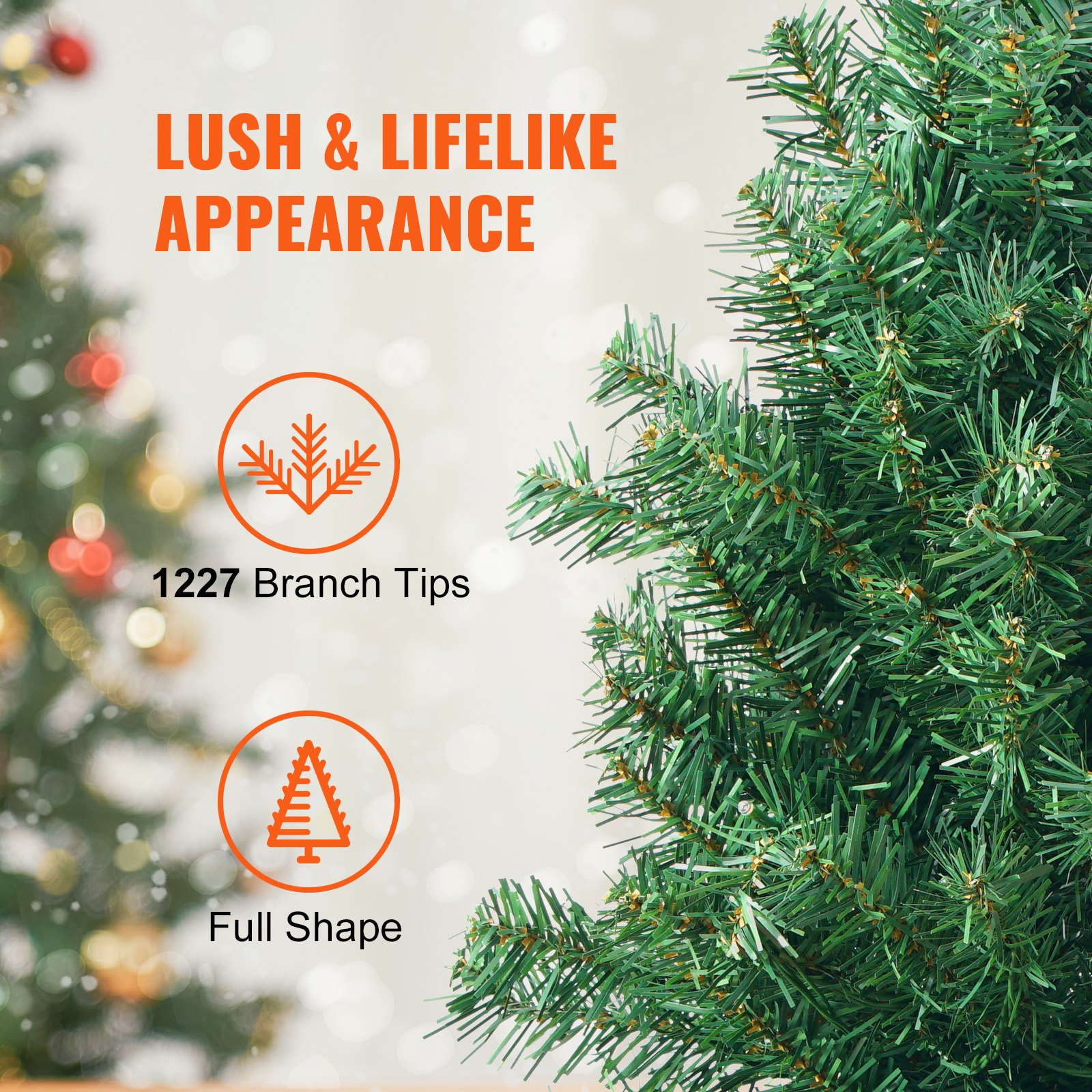 VEVOR Christmas Tree, 6.5ft Prelit Artificial Xmas Tree, Full Holiday Decor Tree with 450 Multi-Color LED Lights, 1227 Branch Tips, Metal Base for Home Party Office Decoration Tested to UL Standards