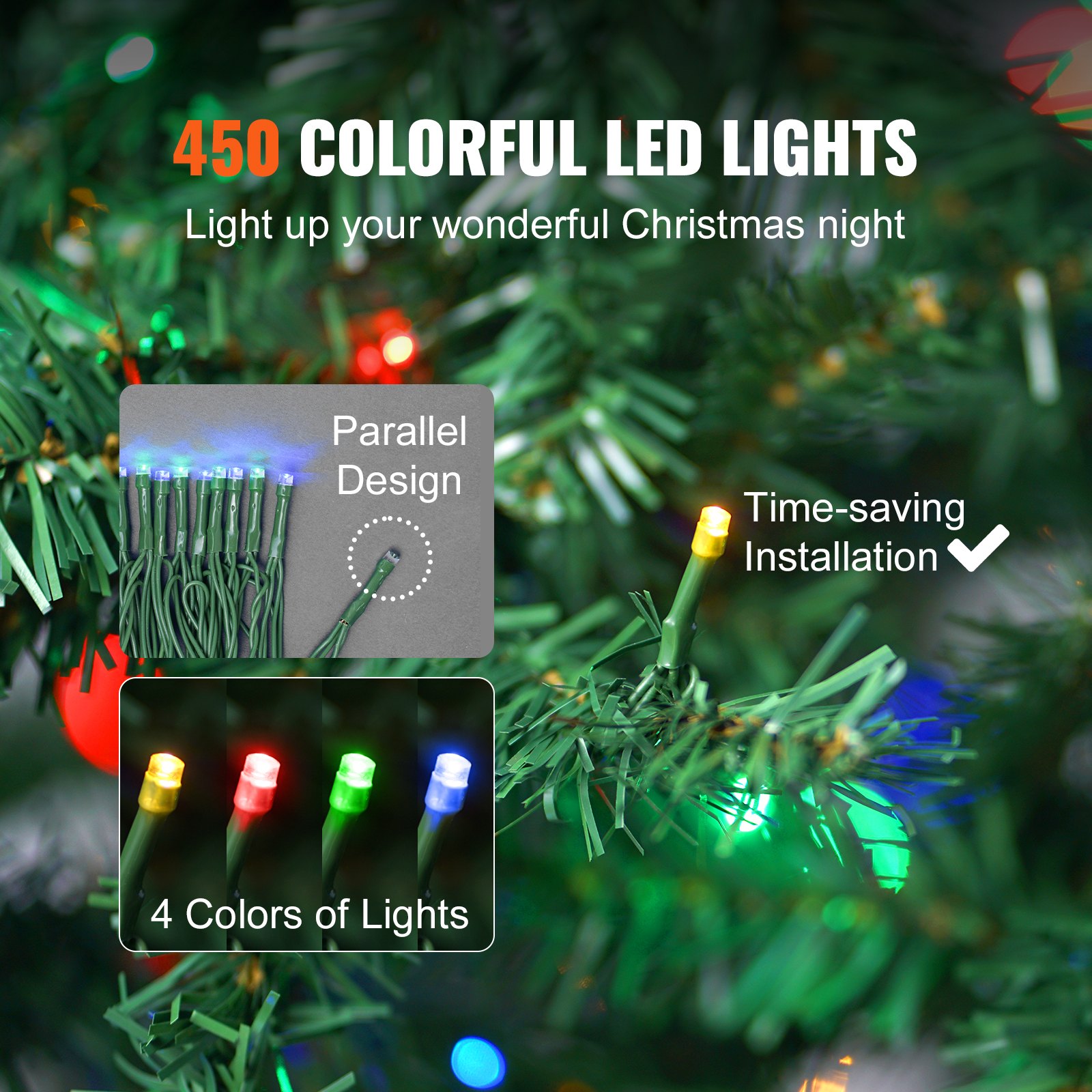 VEVOR Christmas Tree, 6.5ft Prelit Artificial Xmas Tree, Full Holiday Decor Tree with 450 Multi-Color LED Lights, 1227 Branch Tips, Metal Base for Home Party Office Decoration Tested to UL Standards