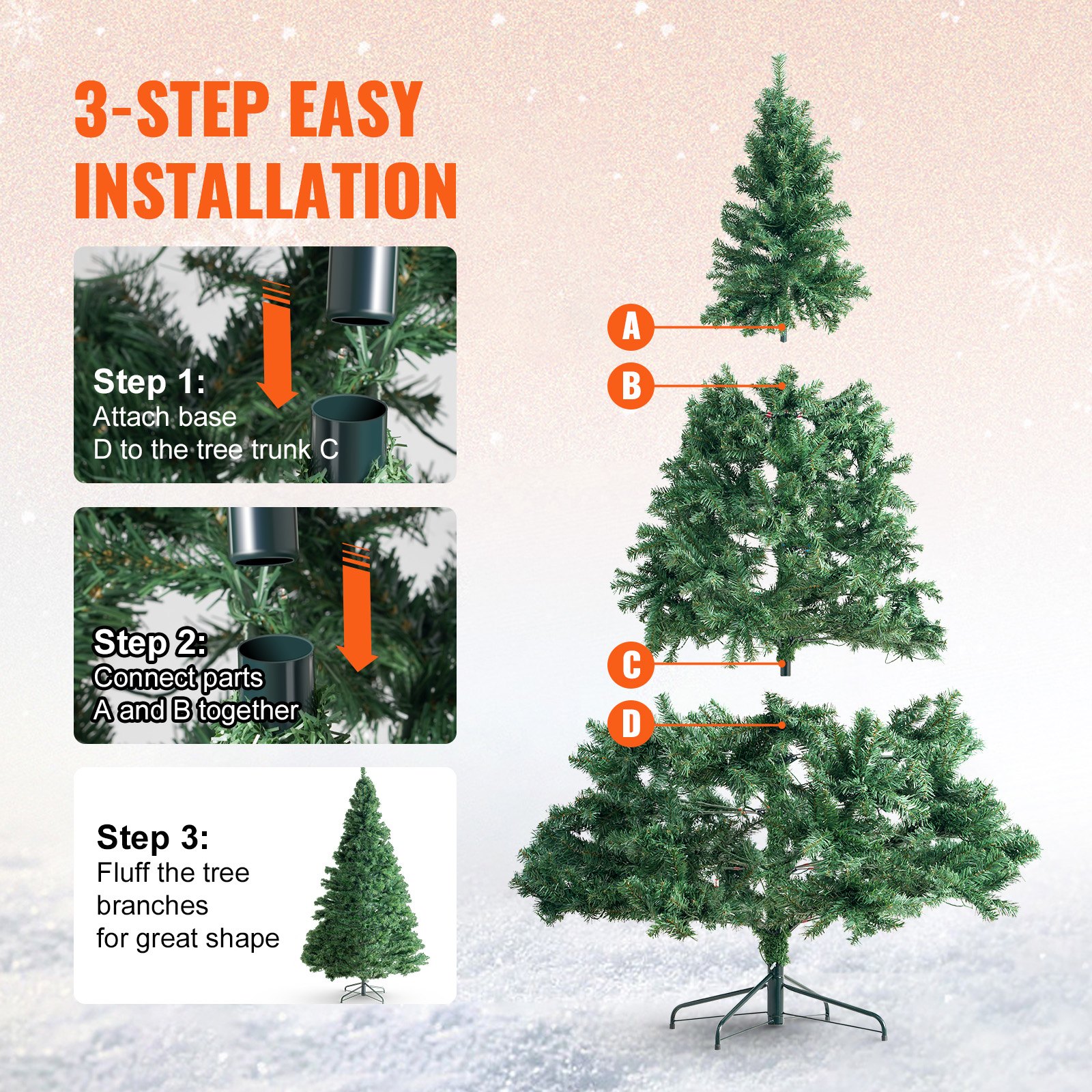 VEVOR Christmas Tree, 6.5ft Prelit Artificial Xmas Tree, Full Holiday Decor Tree with 450 Multi-Color LED Lights, 1227 Branch Tips, Metal Base for Home Party Office Decoration Tested to UL Standards