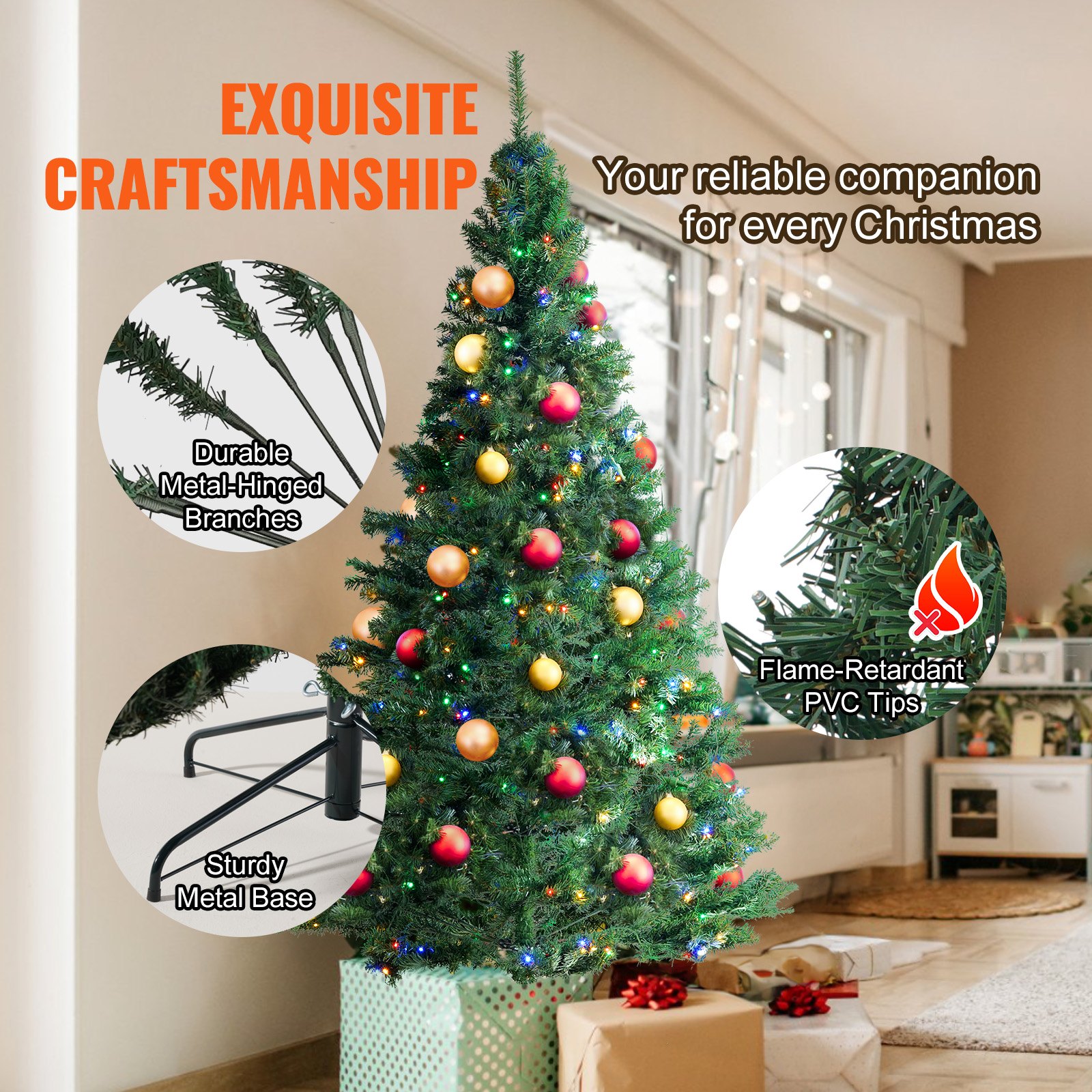 VEVOR Christmas Tree, 6.5ft Prelit Artificial Xmas Tree, Full Holiday Decor Tree with 450 Multi-Color LED Lights, 1227 Branch Tips, Metal Base for Home Party Office Decoration Tested to UL Standards
