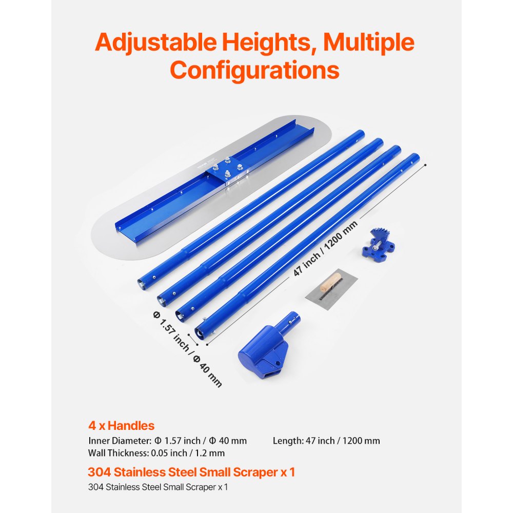 VEVOR Bull Float Magnesium Concrete Float, 47.24 x 7.28 Inch Round End Concrete Float Tool with 4 Aluminum Alloy Replaceable Handles, Cement Finishing Float for Various Industrial Applications