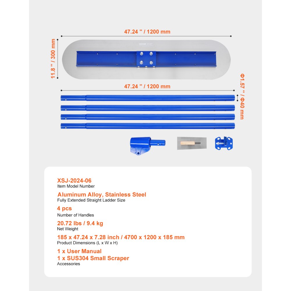 VEVOR Bull Float Magnesium Concrete Float, 47.24 x 7.28 Inch Round End Concrete Float Tool with 4 Aluminum Alloy Replaceable Handles, Cement Finishing Float for Various Industrial Applications