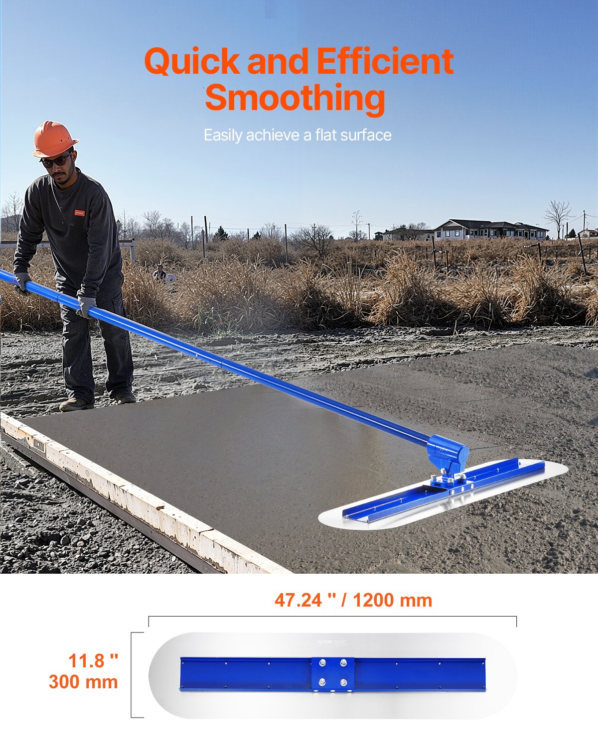 VEVOR Bull Float Magnesium Concrete Float, 47.24 x 7.28 Inch Round End Concrete Float Tool with 4 Aluminum Alloy Replaceable Handles, Cement Finishing Float for Various Industrial Applications