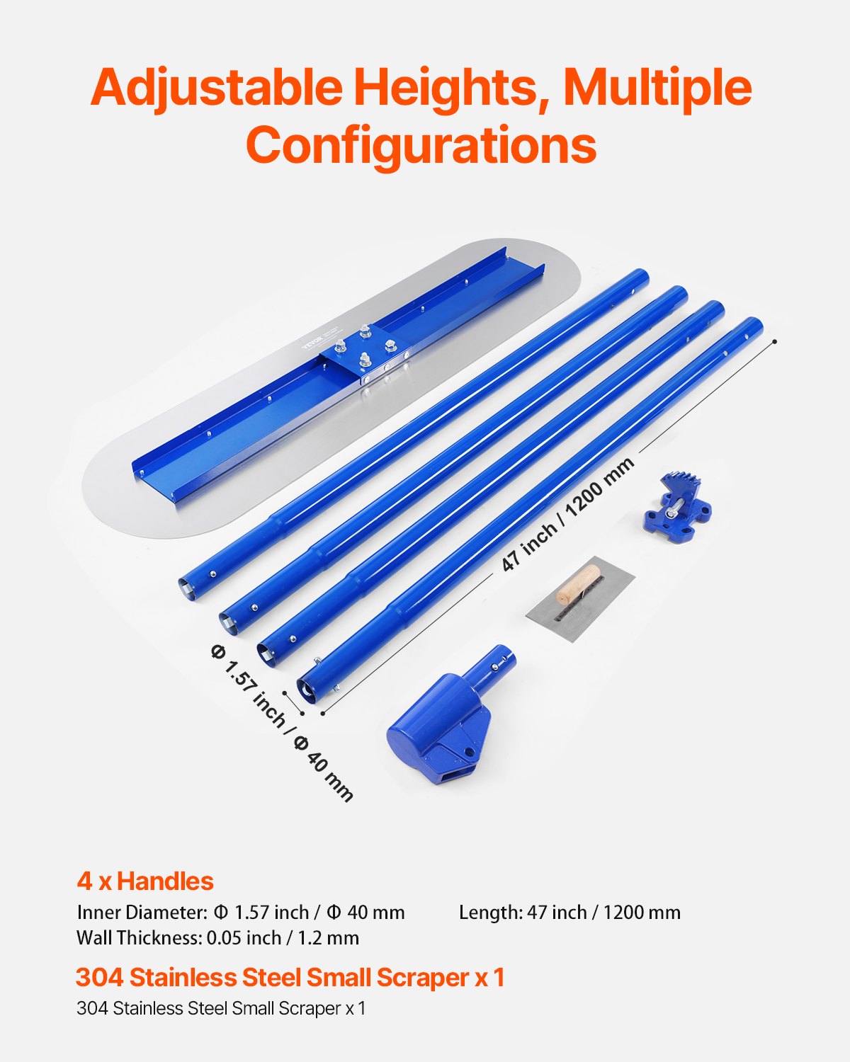 VEVOR Bull Float Magnesium Concrete Float, 47.24 x 7.28 Inch Round End Concrete Float Tool with 4 Aluminum Alloy Replaceable Handles, Cement Finishing Float for Various Industrial Applications