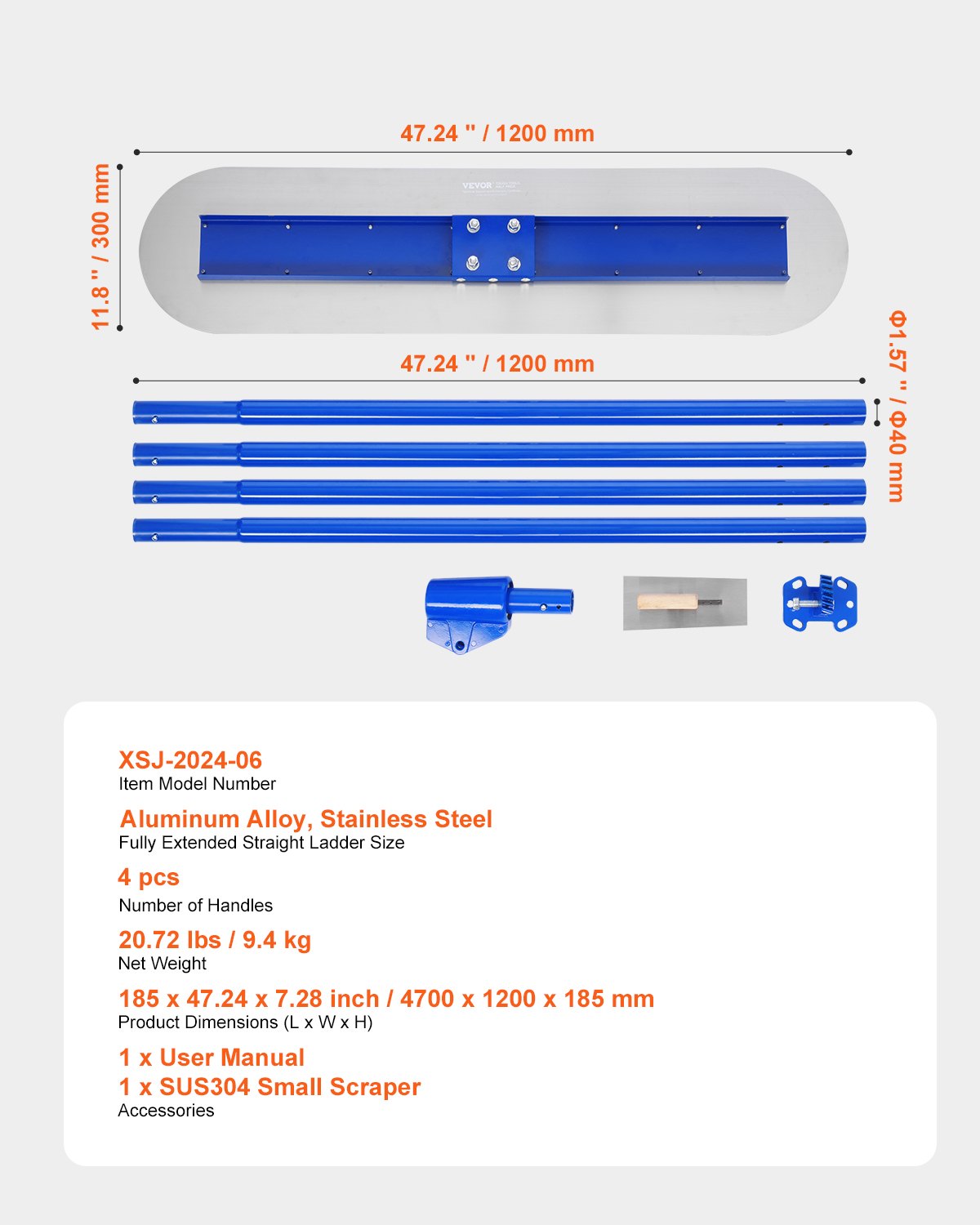VEVOR Bull Float Magnesium Concrete Float, 47.24 x 7.28 Inch Round End Concrete Float Tool with 4 Aluminum Alloy Replaceable Handles, Cement Finishing Float for Various Industrial Applications