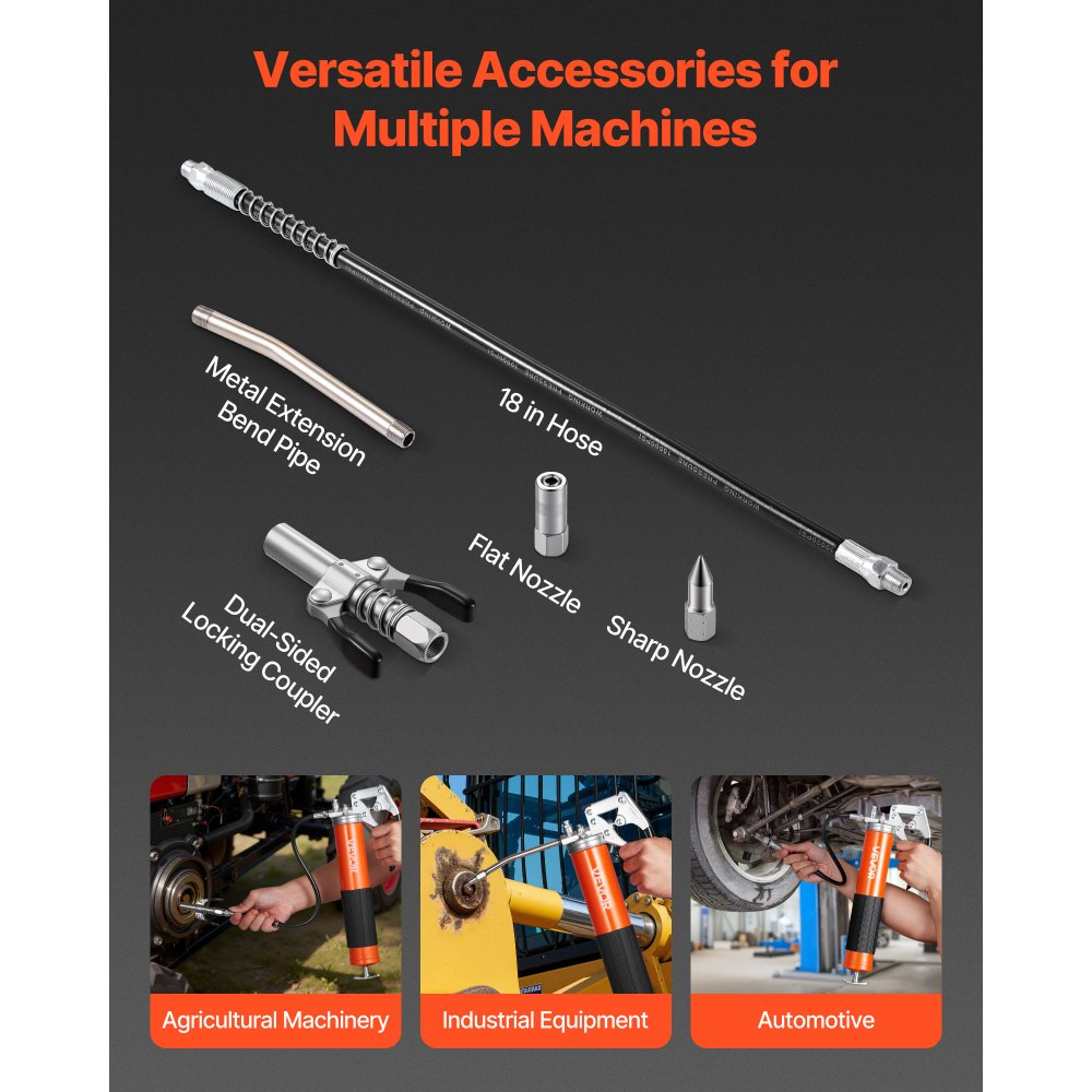 VEVOR Grease Gun, 8000 PSI, Pistol Grip Grease Gun Kit with 0.4 L Capacity, Includes 46 cm Flex Hose, Double Handle Grease Coupler, Extension Rigid Pipe & Sharp Type Nozzle for Automotive, Marine