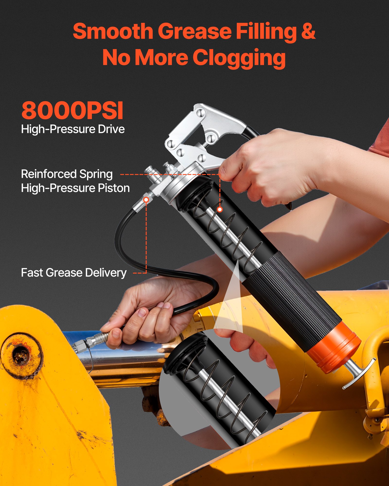 VEVOR Grease Gun, 8000 PSI, Pistol Grip Grease Gun Kit with 0.4 L Capacity, Includes 46 cm Flex Hose, Double Handle Grease Coupler, Extension Rigid Pipe & Sharp Type Nozzle for Automotive, Marine