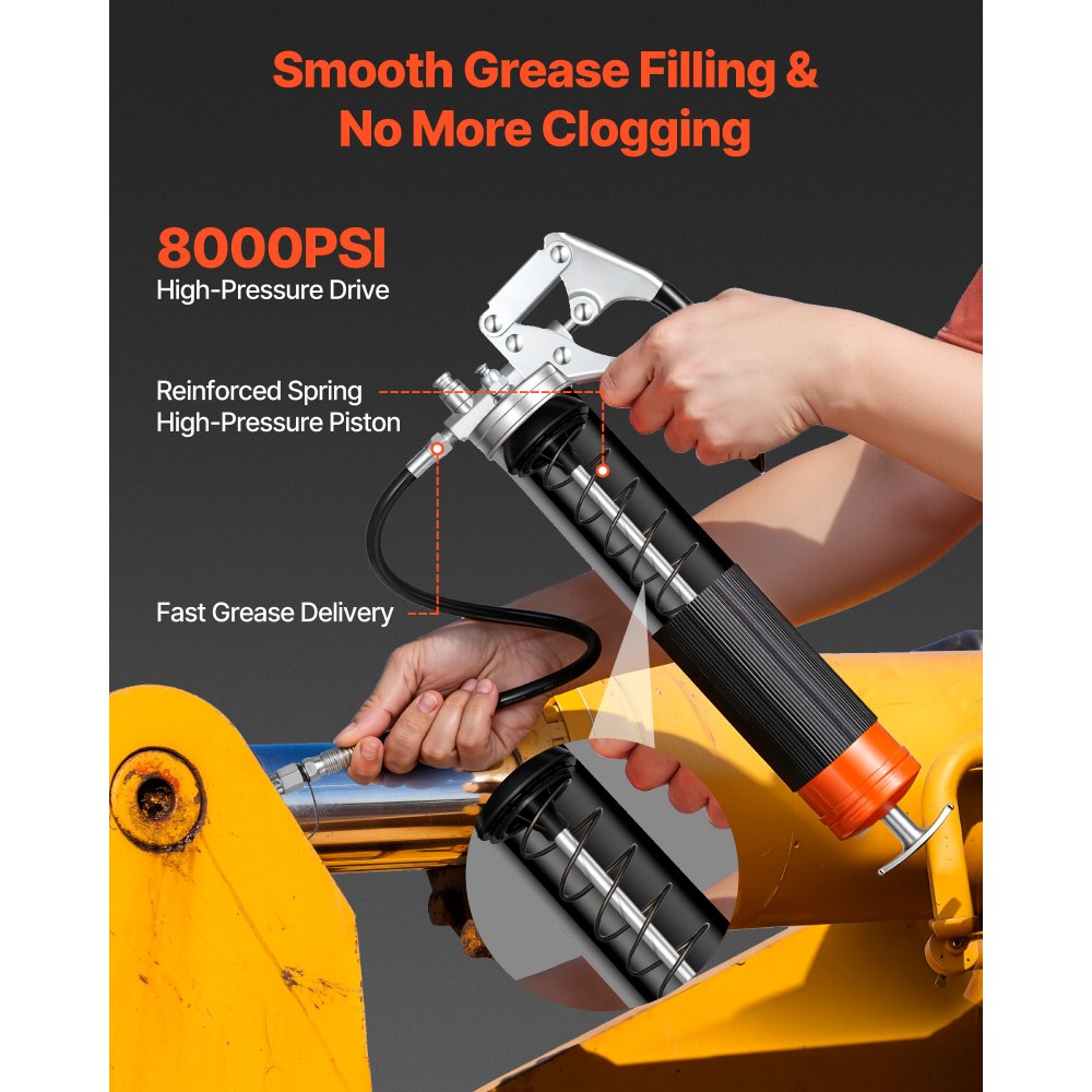 VEVOR Grease Gun, 8000 PSI High Pressure, Heavy Duty Pistol Grip Grease Gun Kit with 0.4 L Capacity, Includes 46 cm Flex Hose, 1 Extension Rigid Pipe and 1 Sharp Type Nozzle for Automotive, Marine