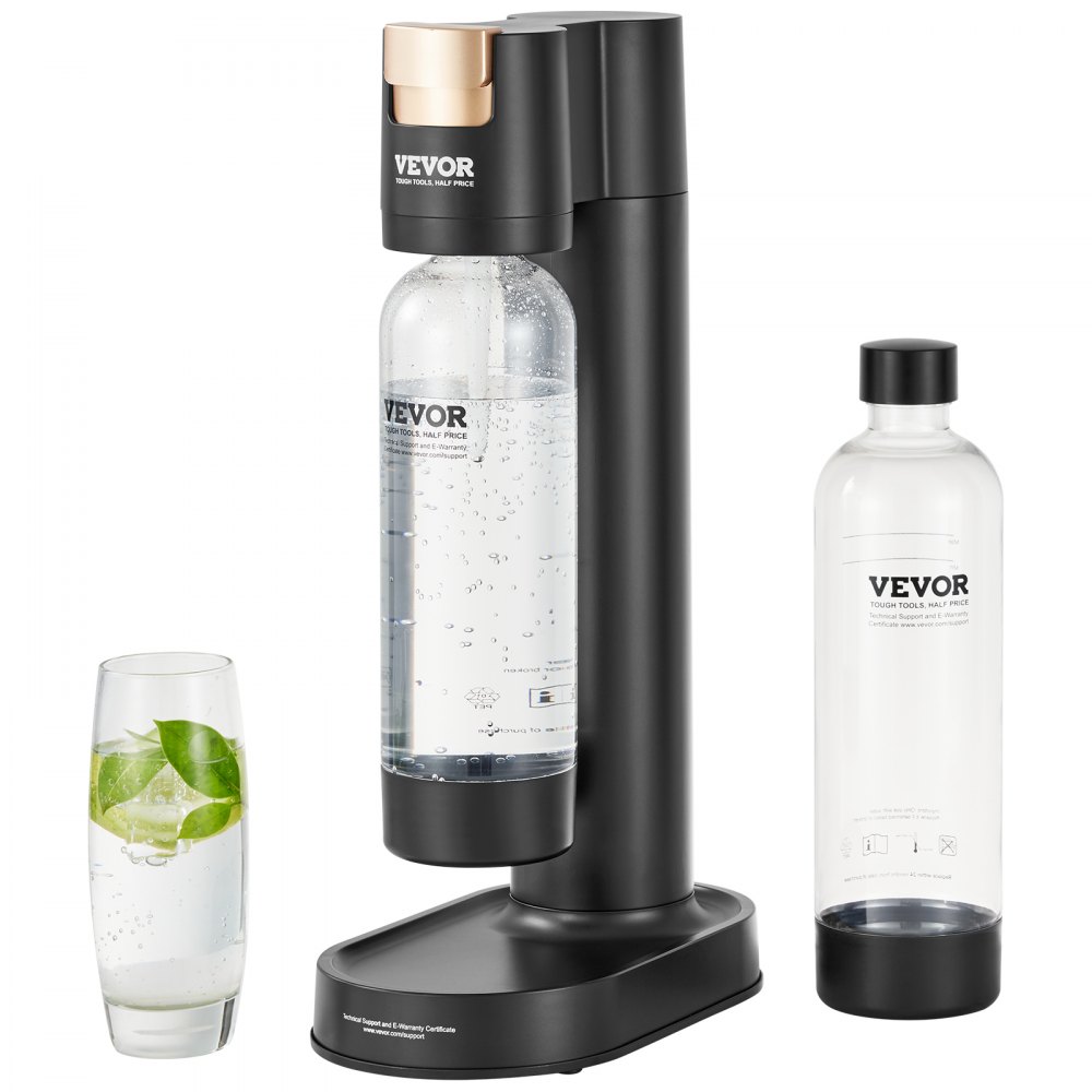 VEVOR sparkling water maker with one attached bottle, one loose bottle, and a glass of sparkling water.