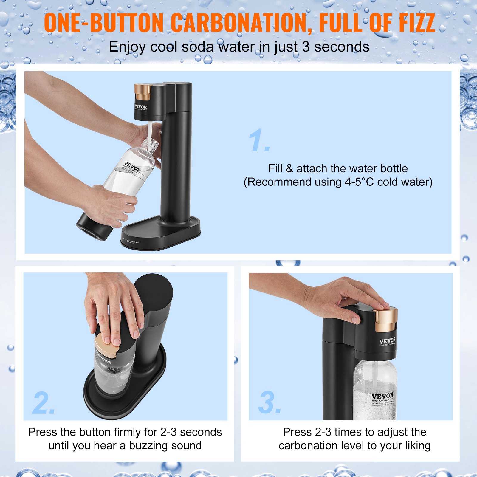 VEVOR sparkling water maker guide: screw co2 cylinder, fill bottle with cold water, press button, adjust carbonation.