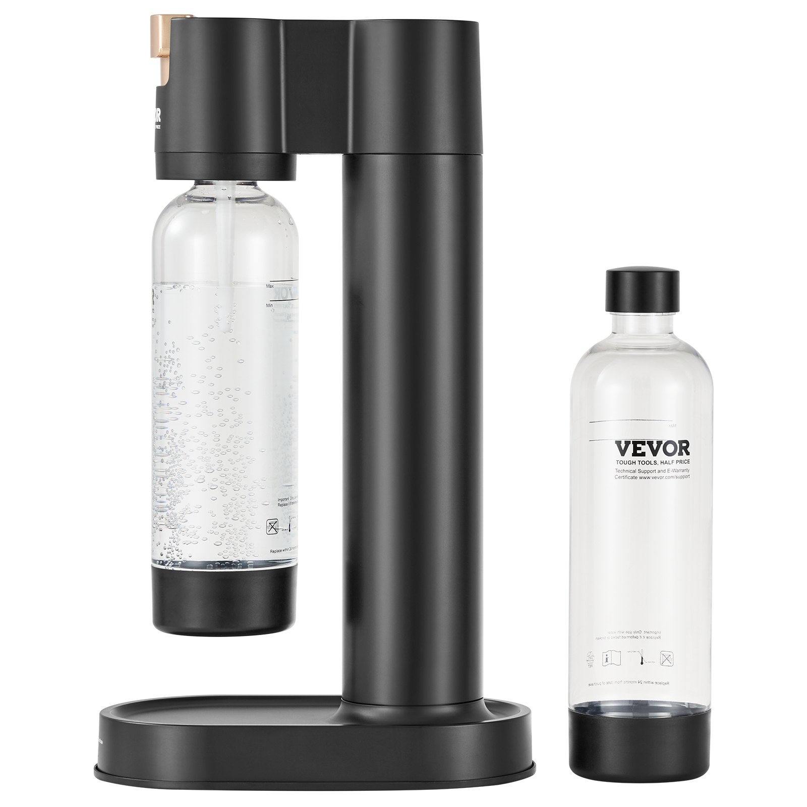 VEVOR sparkling water maker in black with a filled bottle and an empty bottle beside it.
