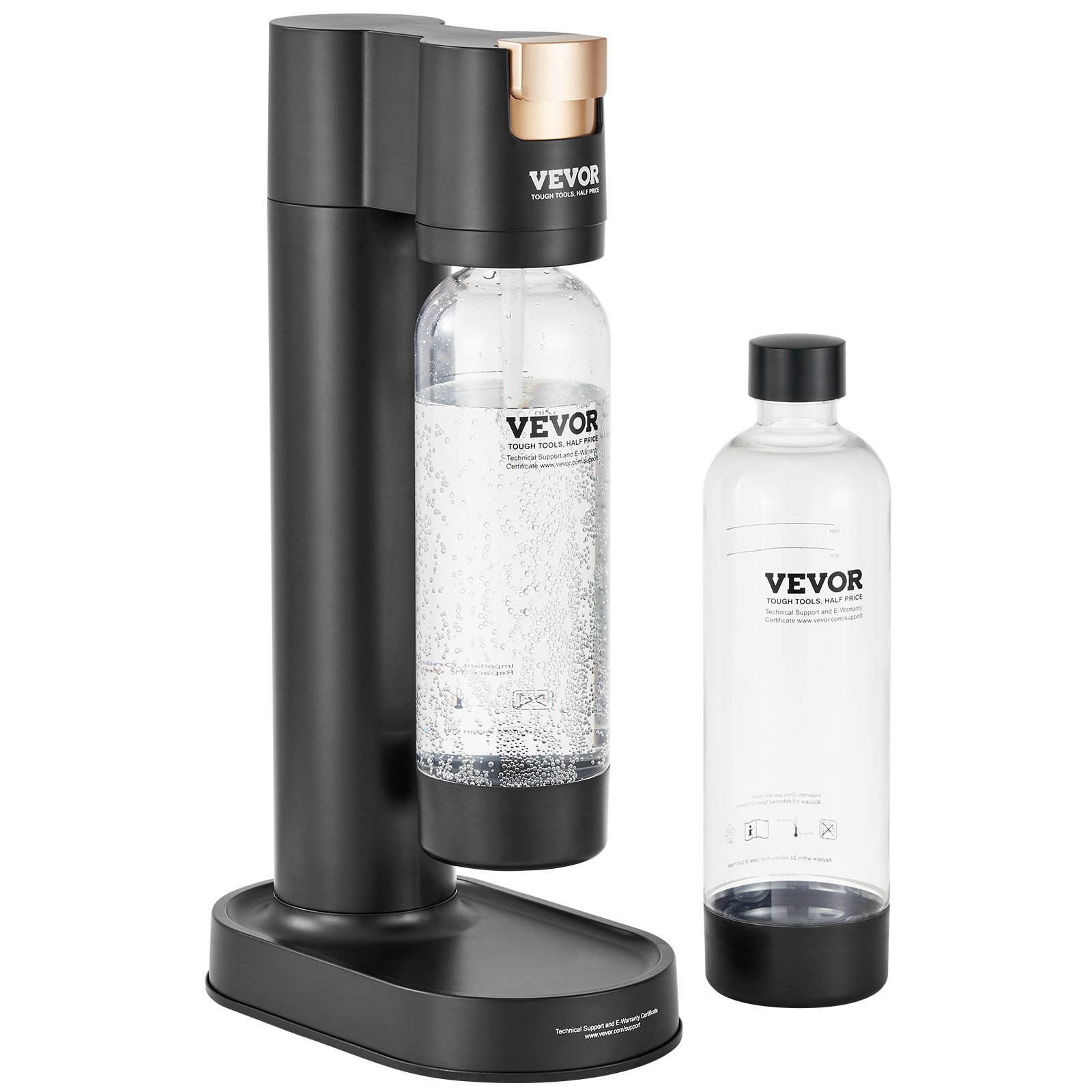 VEVOR sparkling water maker in black with two clear water bottles, one attached and one detached.