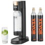 VEVOR sparkling water maker with two co2 cylinders and a glass of sparkling water with mint leaves.