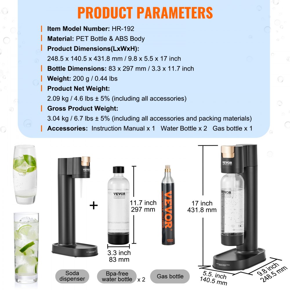 Aparat Sparkling VEVOR, Aparat de producere a sifonului pentru carbonatarea acasă, Kit de pornire a apei Seltzer cu 2 sticle PET de 1 l fără BPA, cilindru de CO2, compatibil cu cilindru de CO2 cu înșurubare Mainstream de 60 L