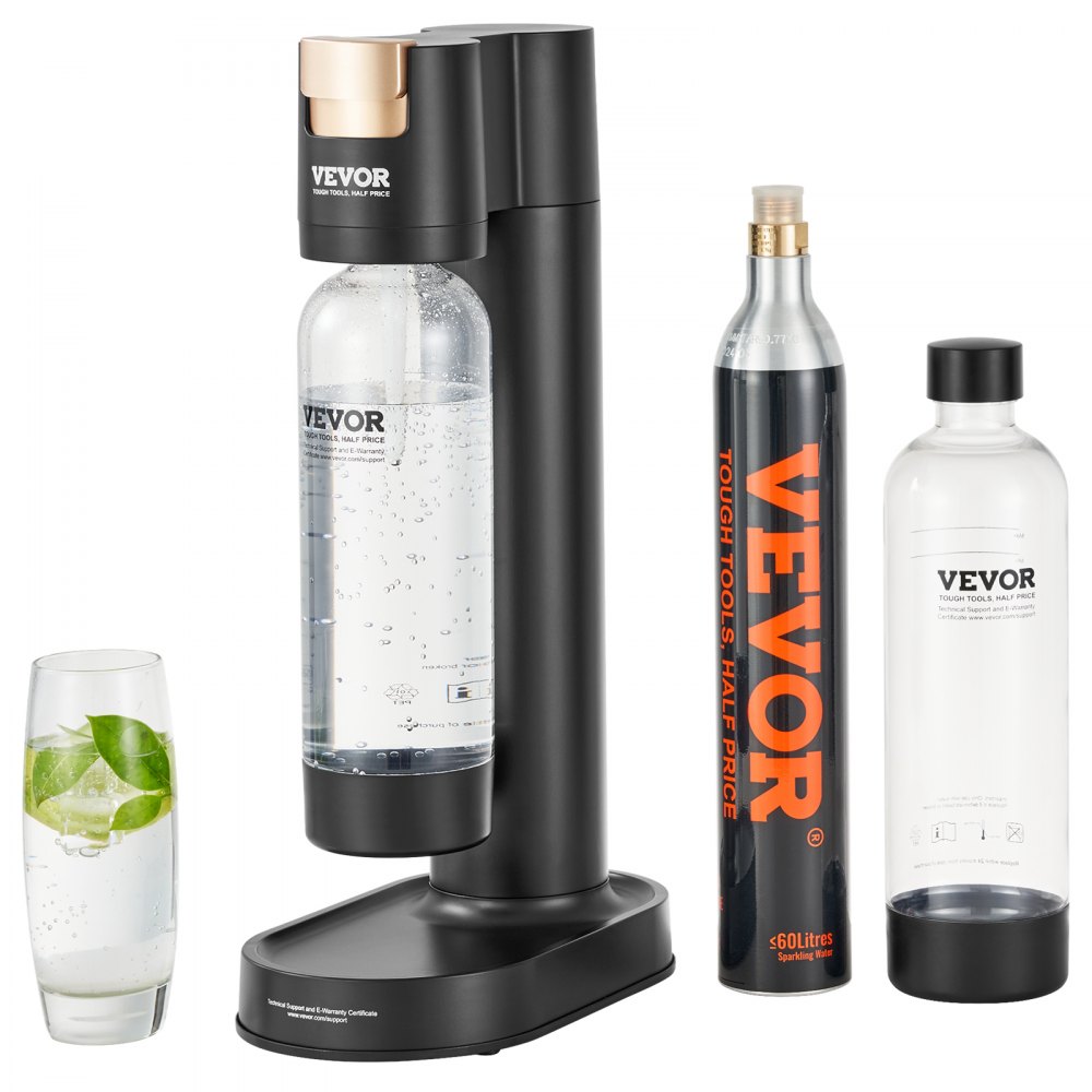 VEVOR sparkling water maker in black with co2 cylinder, water bottle, and glass with mint leaves.