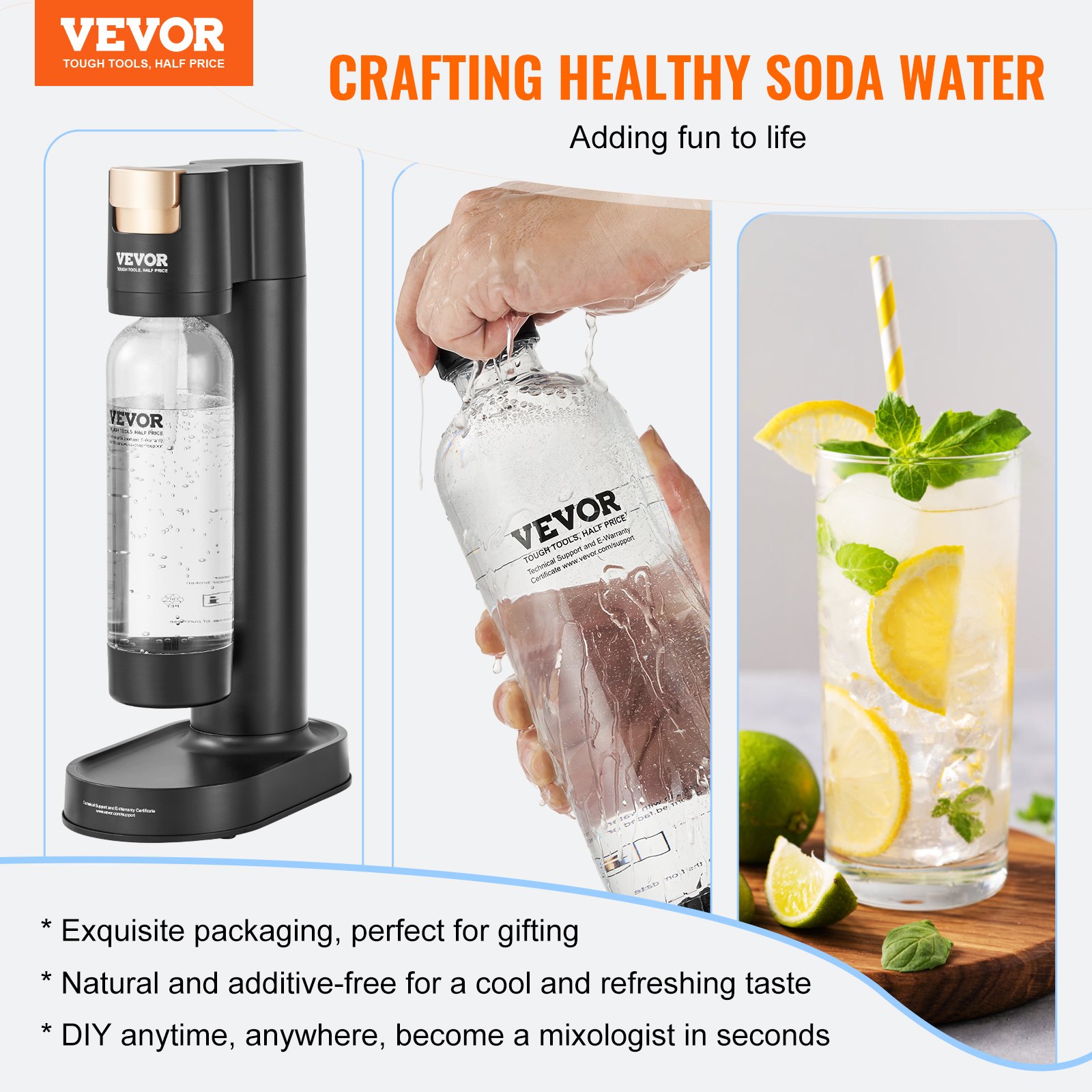 Aparat Sparkling VEVOR, Aparat de producere a sifonului pentru carbonatarea acasă, Kit de pornire a apei Seltzer cu 2 sticle PET de 1 l fără BPA, cilindru de CO2, compatibil cu cilindru de CO2 cu înșurubare Mainstream de 60 L