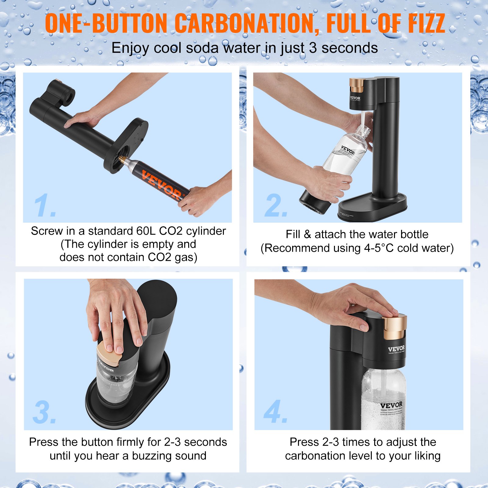 Aparat Sparkling VEVOR, Aparat de producere a sifonului pentru carbonatarea acasă, Kit de pornire a apei Seltzer cu 2 sticle PET de 1 l fără BPA, cilindru de CO2, compatibil cu cilindru de CO2 cu înșurubare Mainstream de 60 L
