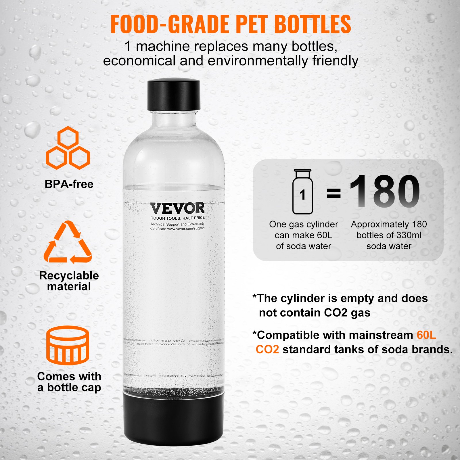 Aparat Sparkling VEVOR, Aparat de producere a sifonului pentru carbonatarea acasă, Kit de pornire a apei Seltzer cu 2 sticle PET de 1 l fără BPA, cilindru de CO2, compatibil cu cilindru de CO2 cu înșurubare Mainstream de 60 L
