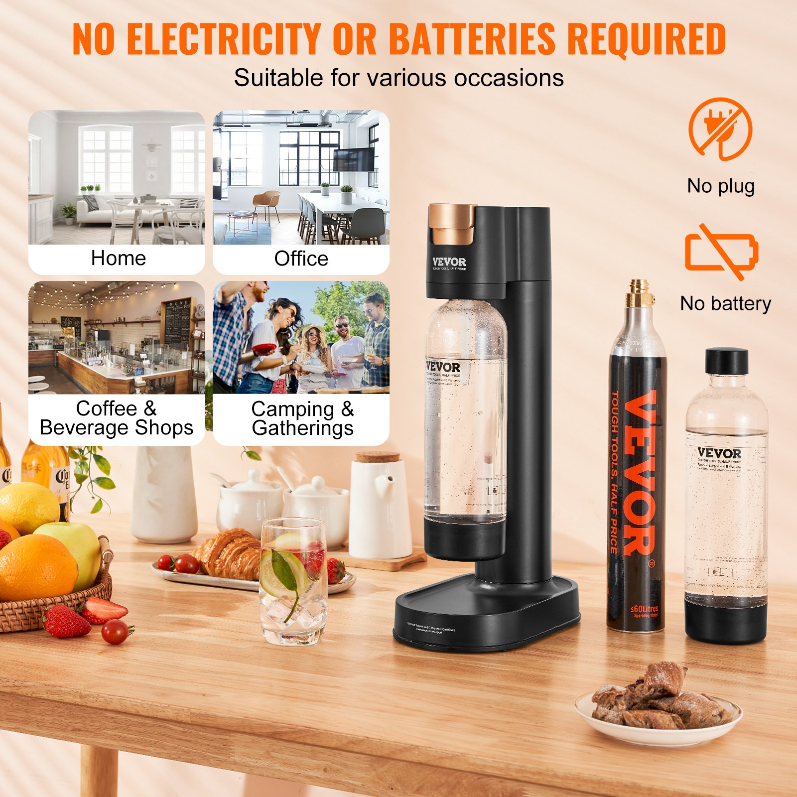 Aparat Sparkling VEVOR, Aparat de producere a sifonului pentru carbonatarea acasă, Kit de pornire a apei Seltzer cu 2 sticle PET de 1 l fără BPA, cilindru de CO2, compatibil cu cilindru de CO2 cu înșurubare Mainstream de 60 L