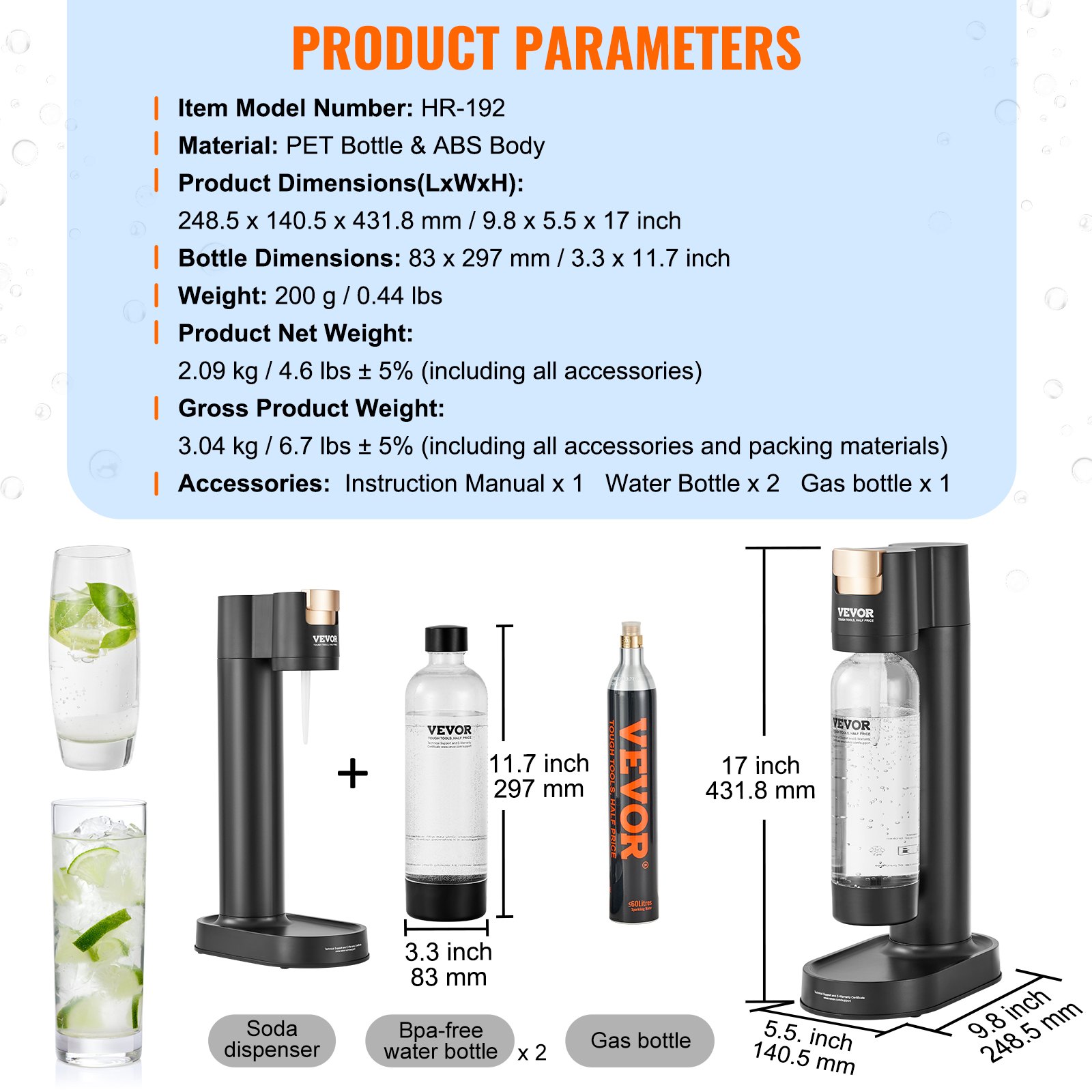 Aparat Sparkling VEVOR, Aparat de producere a sifonului pentru carbonatarea acasă, Kit de pornire a apei Seltzer cu 2 sticle PET de 1 l fără BPA, cilindru de CO2, compatibil cu cilindru de CO2 cu înșurubare Mainstream de 60 L