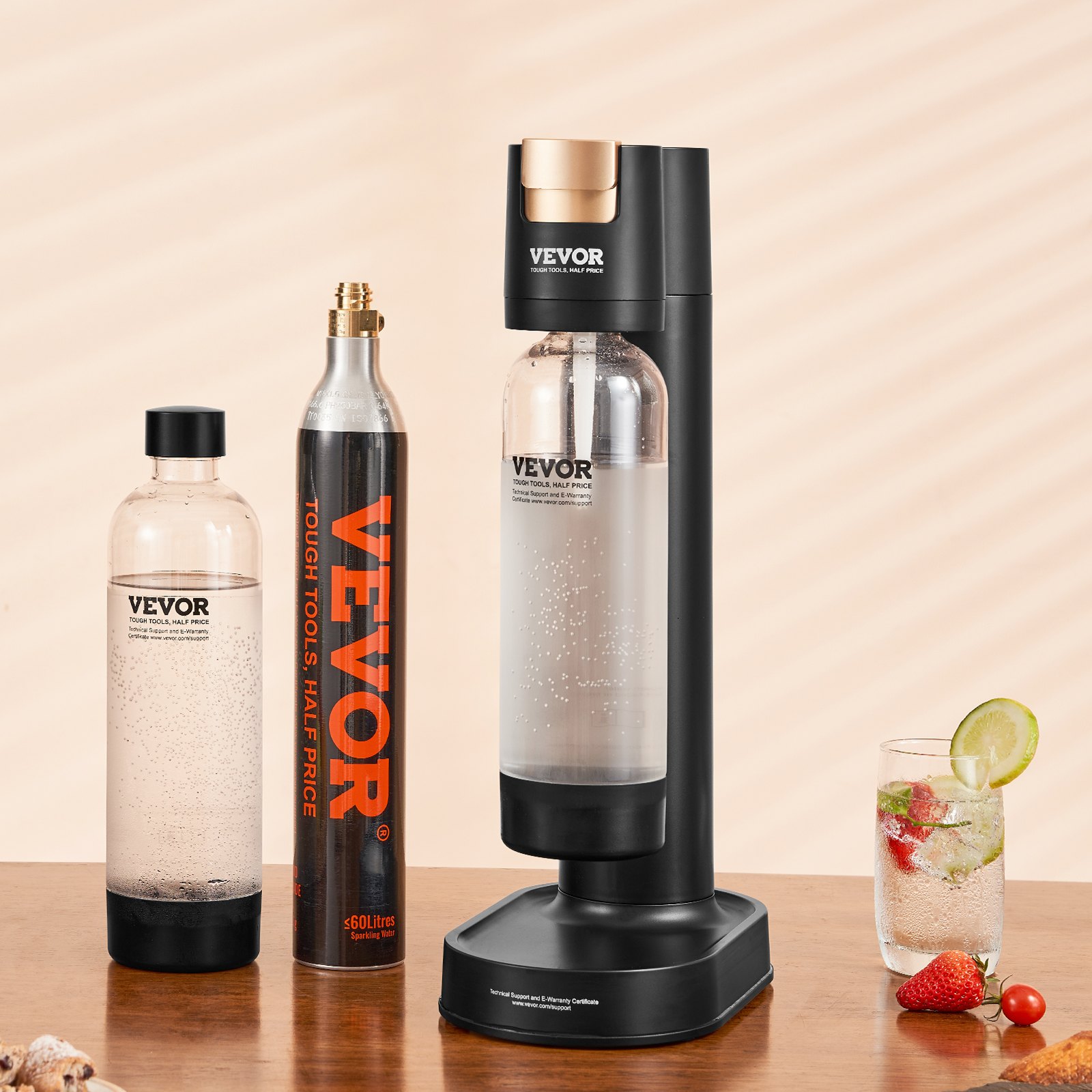 Aparat Sparkling VEVOR, Aparat de producere a sifonului pentru carbonatarea acasă, Kit de pornire a apei Seltzer cu 2 sticle PET de 1 l fără BPA, cilindru de CO2, compatibil cu cilindru de CO2 cu înșurubare Mainstream de 60 L