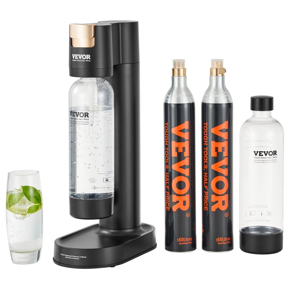 VEVOR sparkling water maker with co2 canisters, water bottle, and a glass of sparkling mint water.