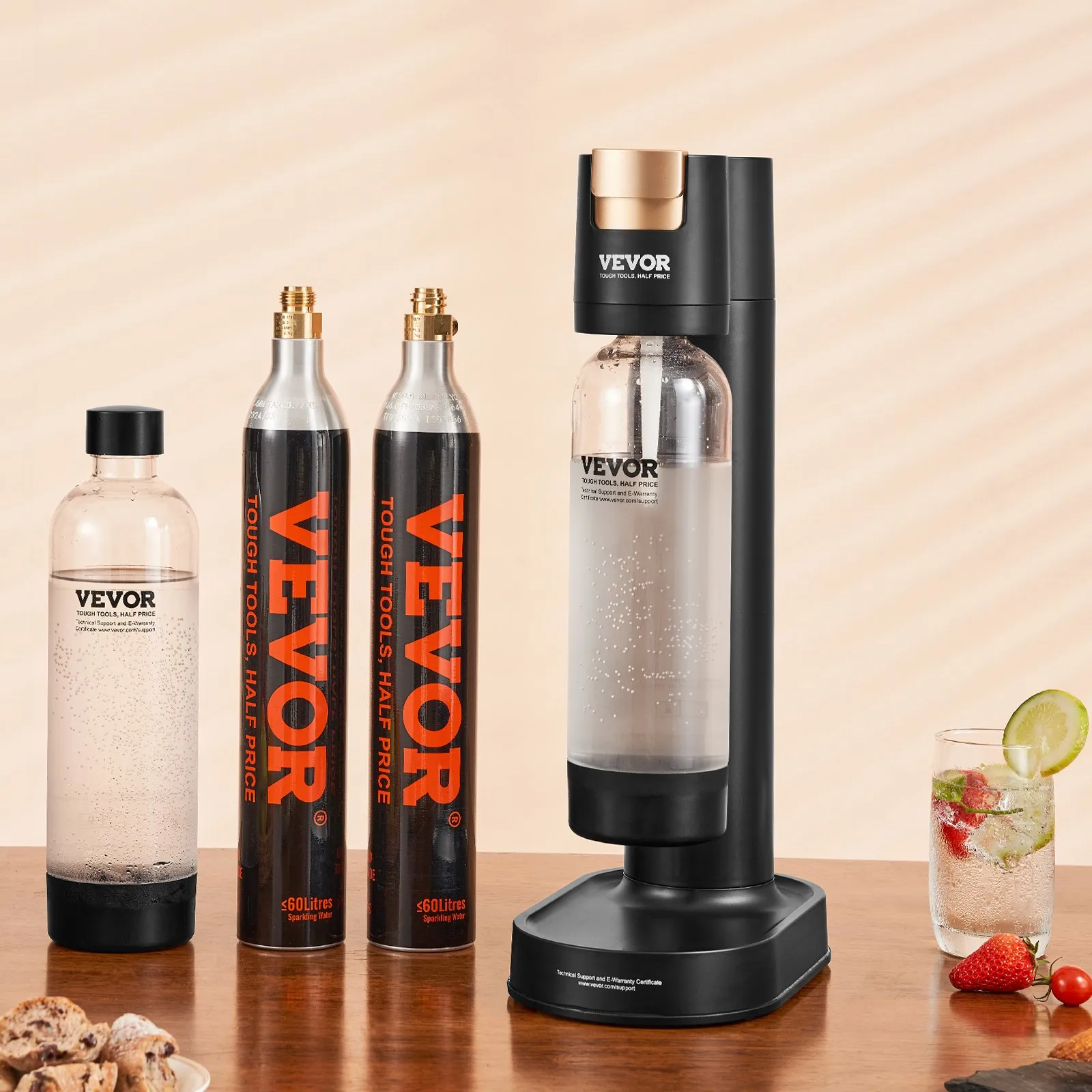 VEVOR Sparkling Water Maker, Soda Maker Machine for Home Carbonating, Seltzer Water Starter Kit with 2 BPA-free 1L PET Bottles, 2 CO2 Cylinders, Compatible with Mainstream Screw-in 60L CO2 Cylinder